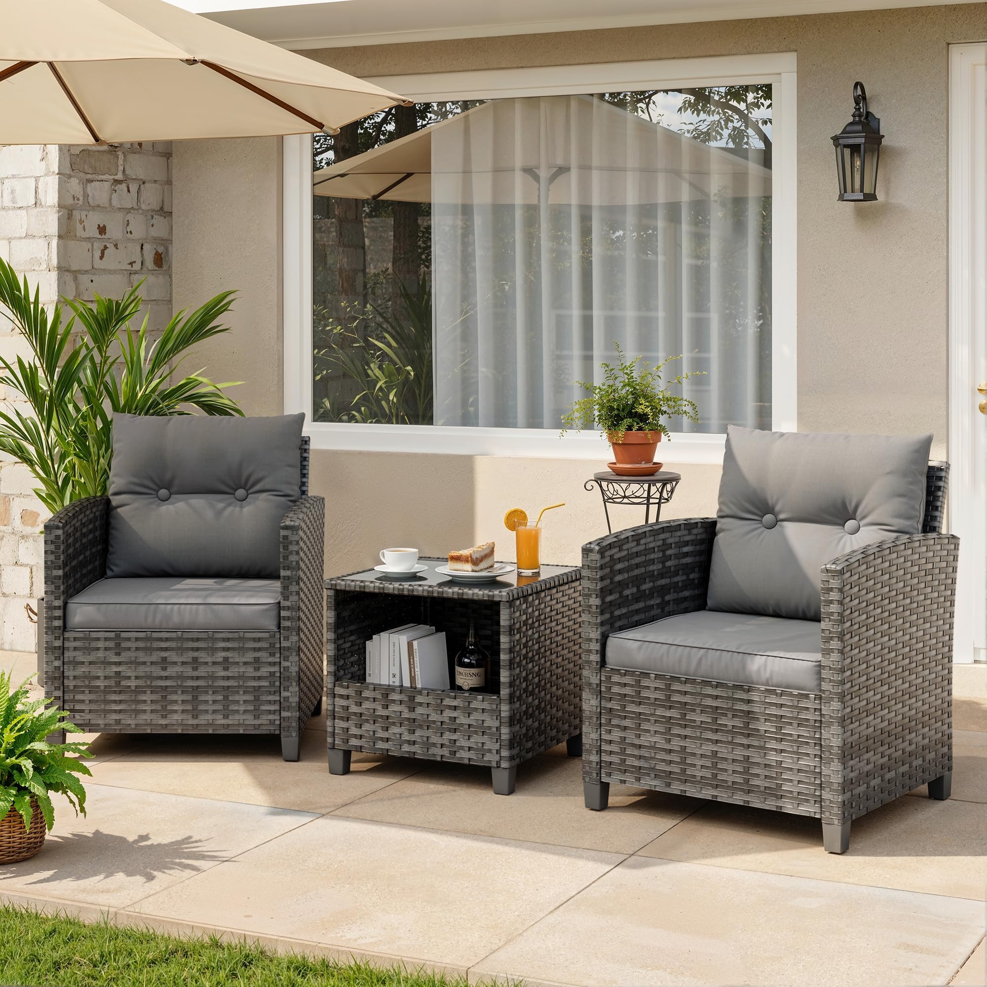 UDPATIO 3-Teiliges Rattan Gartenmöbel Set für 2 Personen, Balkonmöbel Set mit 2 Sesseln & Kaffeetisch, Outdoor Lounge Gartenmöbel Set für Garten, Poolbereich,Balkon & Terrasse (Grau-meliert)