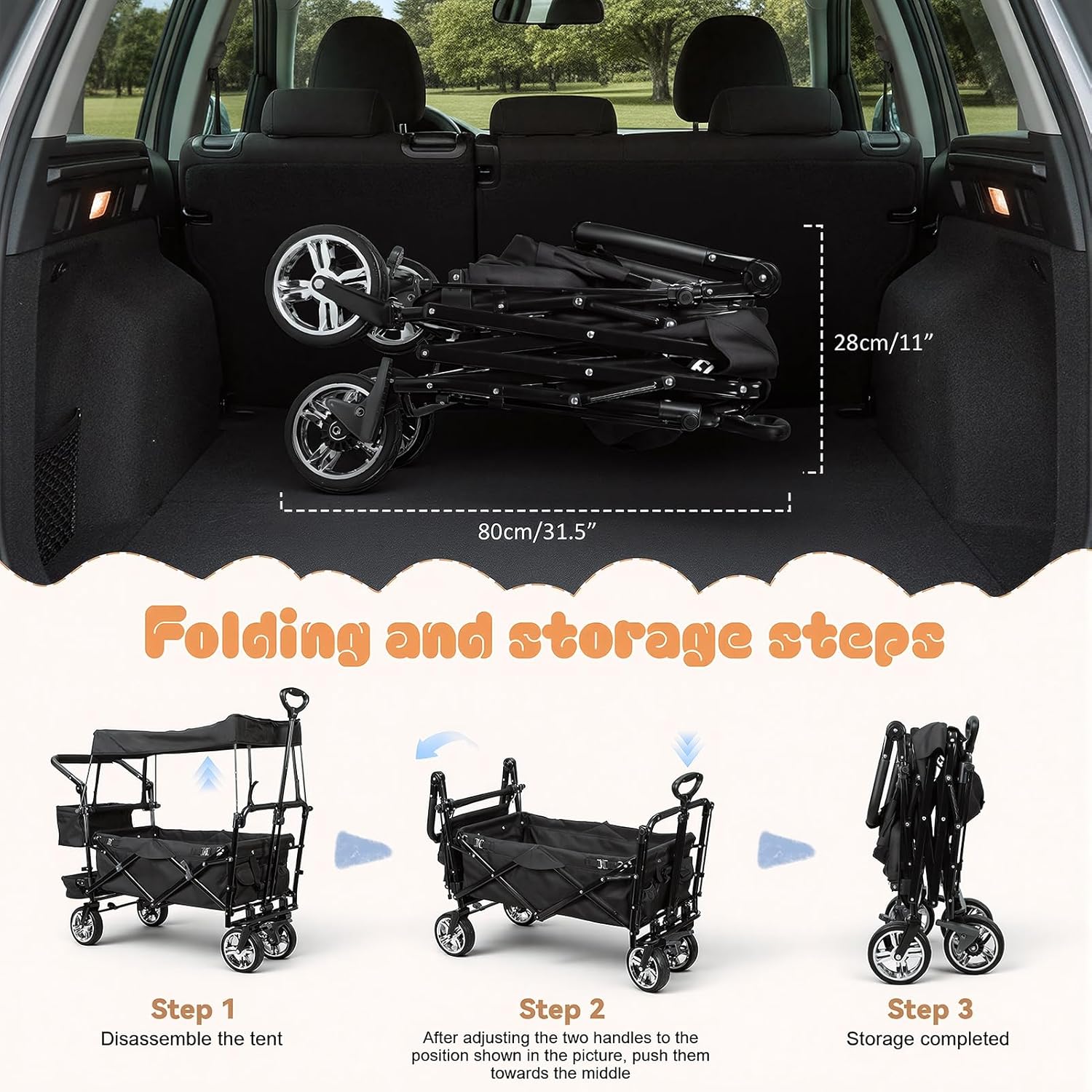 Foldable Wagon with Canopy - 300lbs Collapsible Garden Carts, Heavy Duty Collapsible Carts with Adjustable Push Pulling Handle, Outdoor Portable Utility Wagon for Beach, Camping, Shopping Black