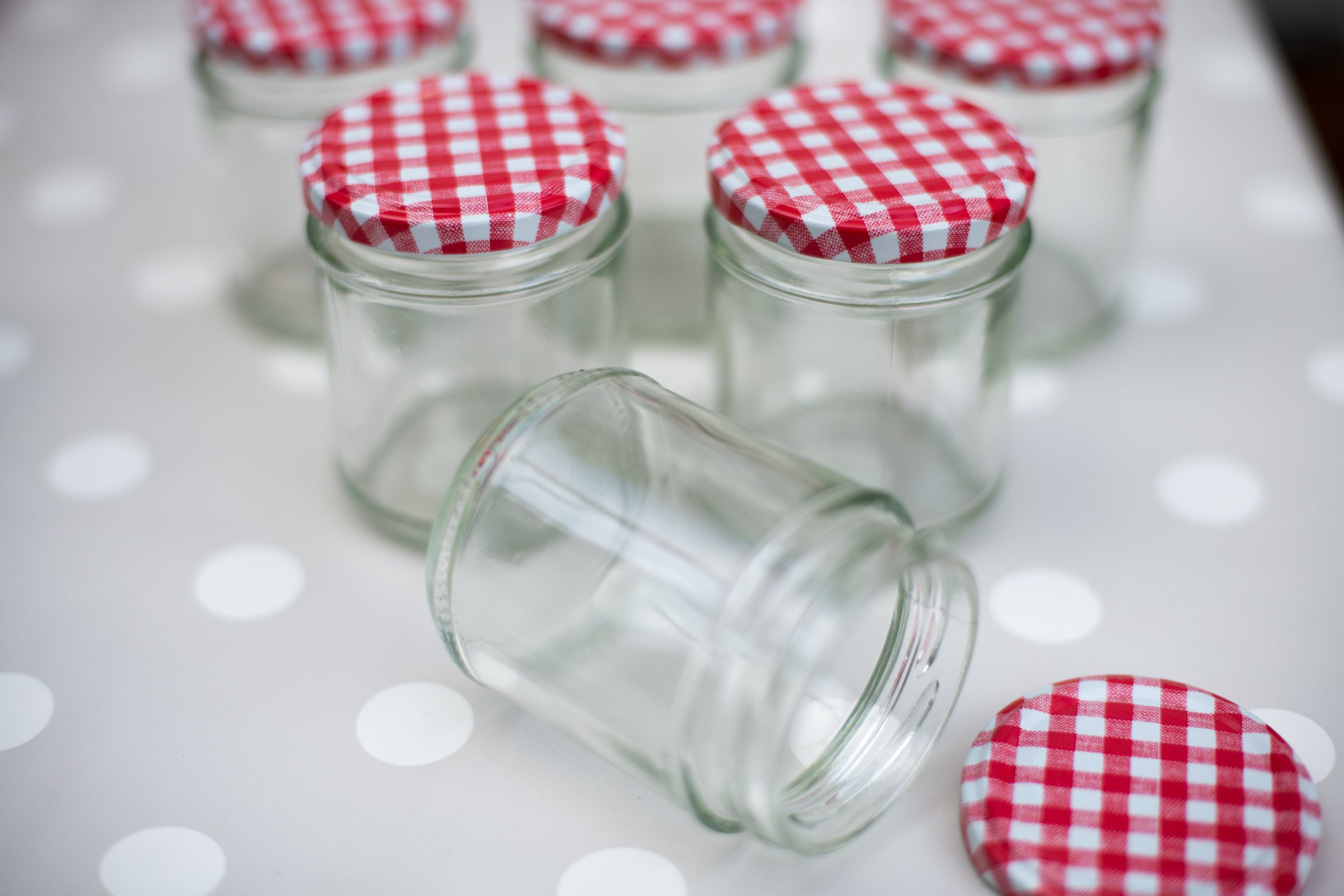 Nutley's 6 Round Glass Jam Jars + Red Gingham Lids 190ml (7oz) Buy