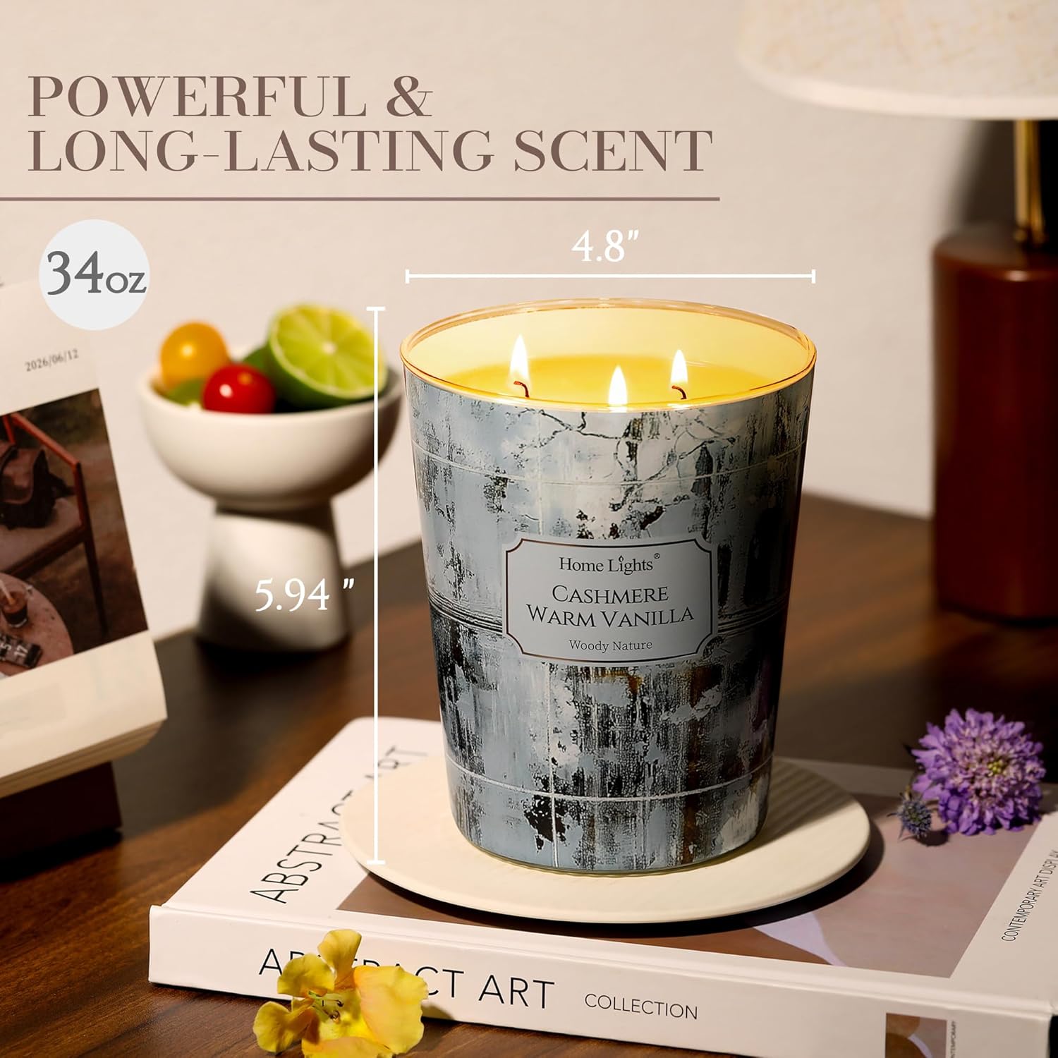 HomeLights Scented Candles | Large Jar 34 Oz Natural Soy Candle | 130 hrs Long-Lasting with 3 Wicks | Industrial Chic Home Decor | Gifts for Mom & Women, Cashmere Warm Vanilla - Image 2