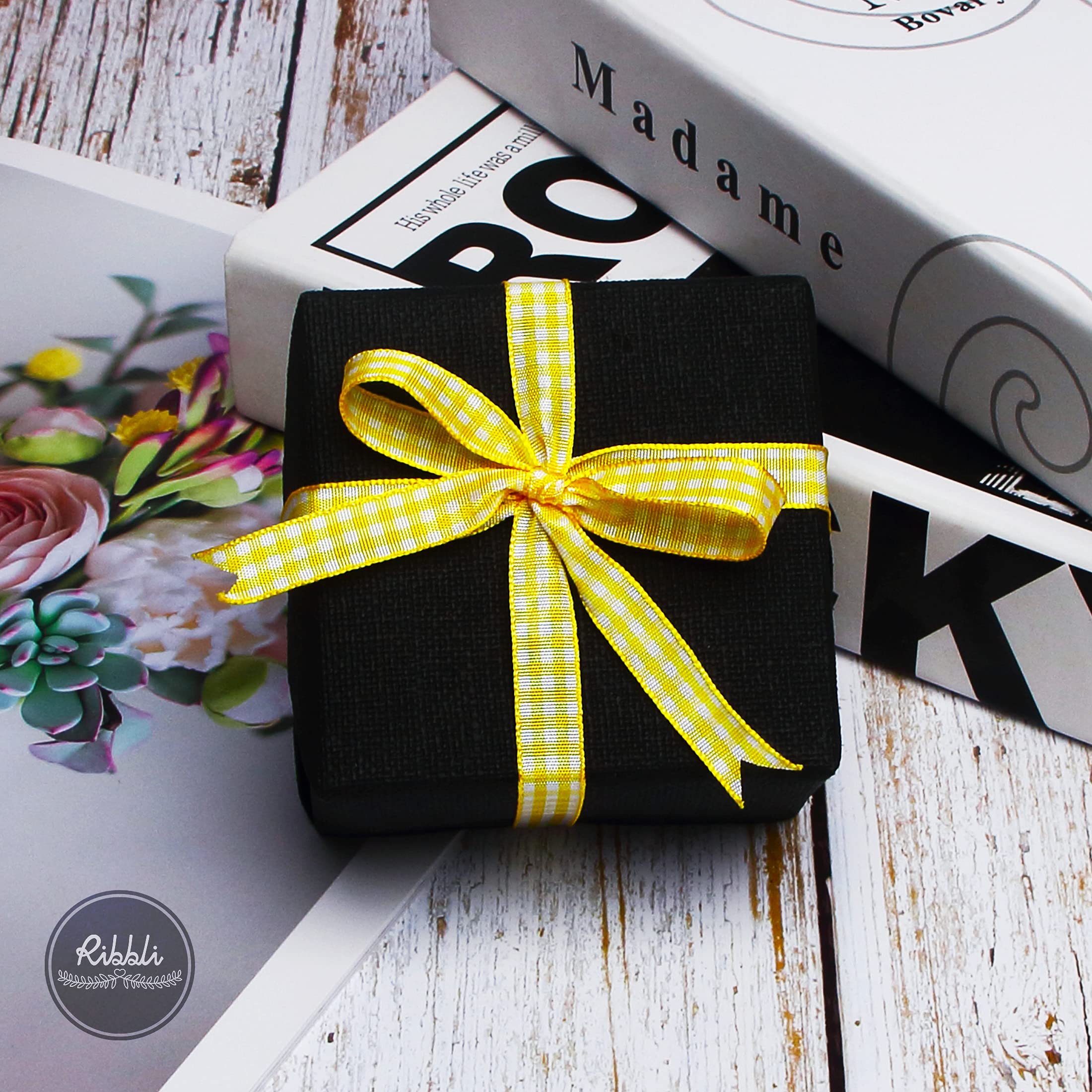 Ribbli Yellow and White Gingham Ribbon,100% Polyester Woven Edge,3/8 Inch x 10 Yard,Plaid Ribbon Use for Gift Wrapping,Party Decoration