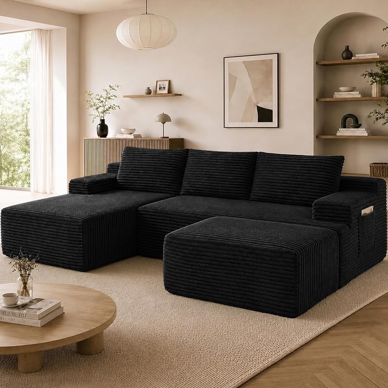 Chorlenimi Boneless Couch, Modular Sectional Couches for Living Room, U-Shaped Cloud Couch Sofa with Deep Seat, Fluffy Corduroy Upholstered Corner Sofa