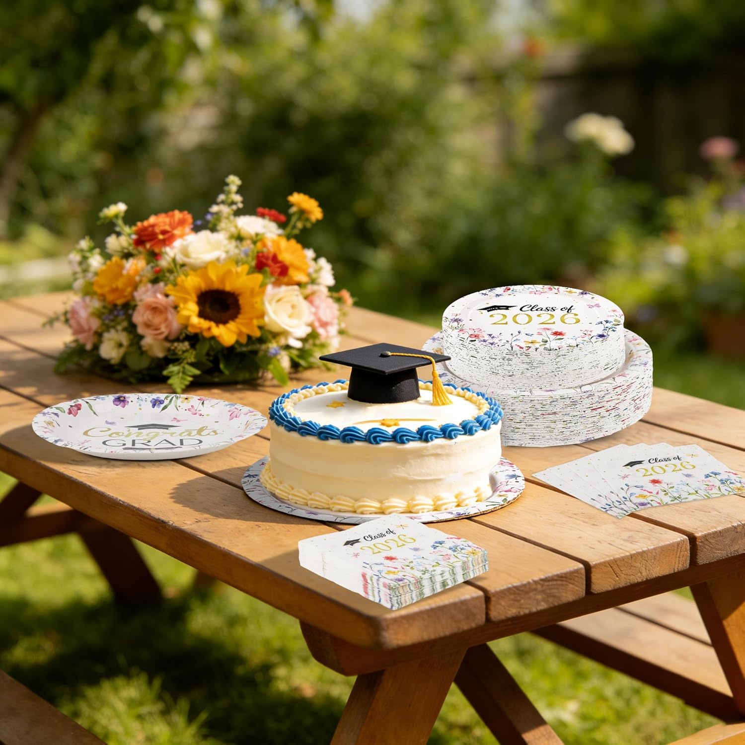 Kochorie 150 Pieces Floral Graduation Party Decorations Congrats Grad Party Paper Plates and Napkins Class of 2026 Female Graduation Decorations for College High School Party Supplies