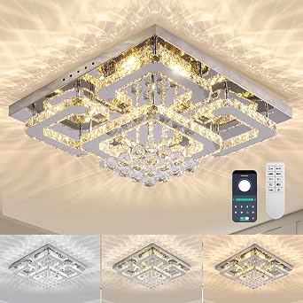 34 inch Silver Crystal Chandeliers,Flush Mount Chandelier LED Ceiling Light