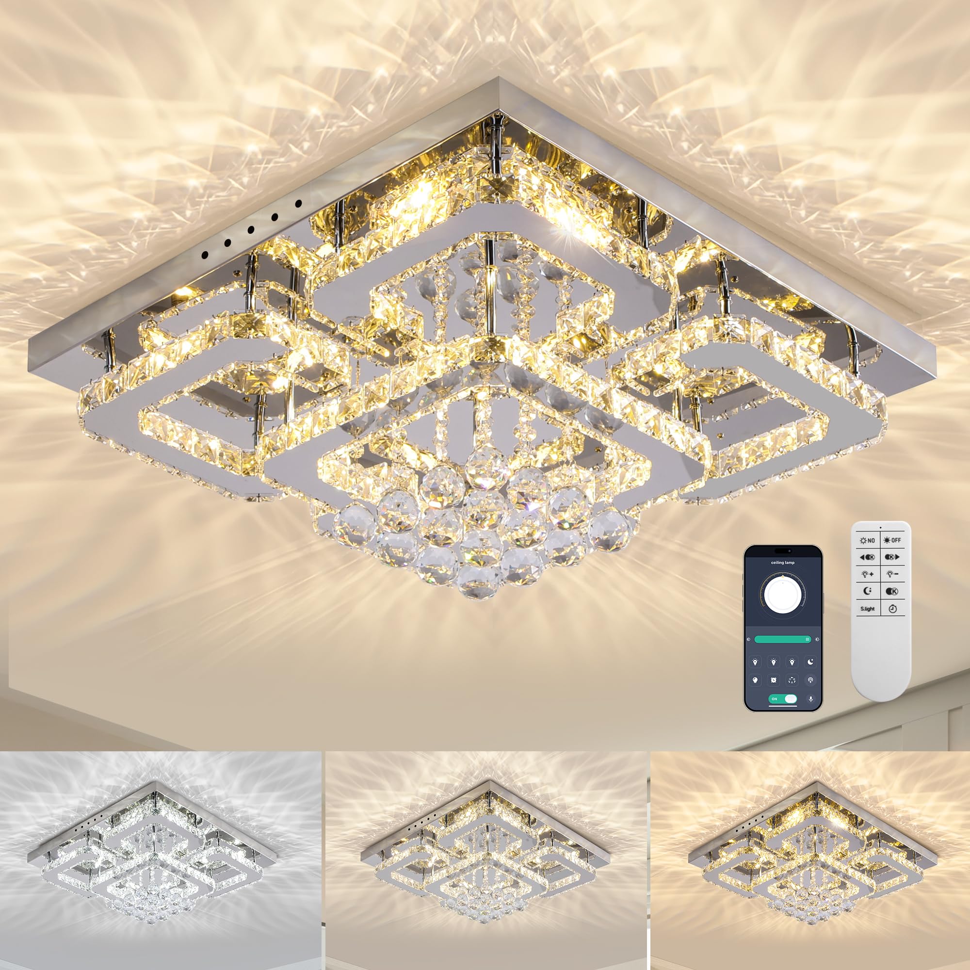 24 inch Flush Mount Chandelier Crystal Ceiling Light with Remote Control/APP,3CCT Dimmable&Brightness Adjustable, Modern Crystal Raindrop Silver