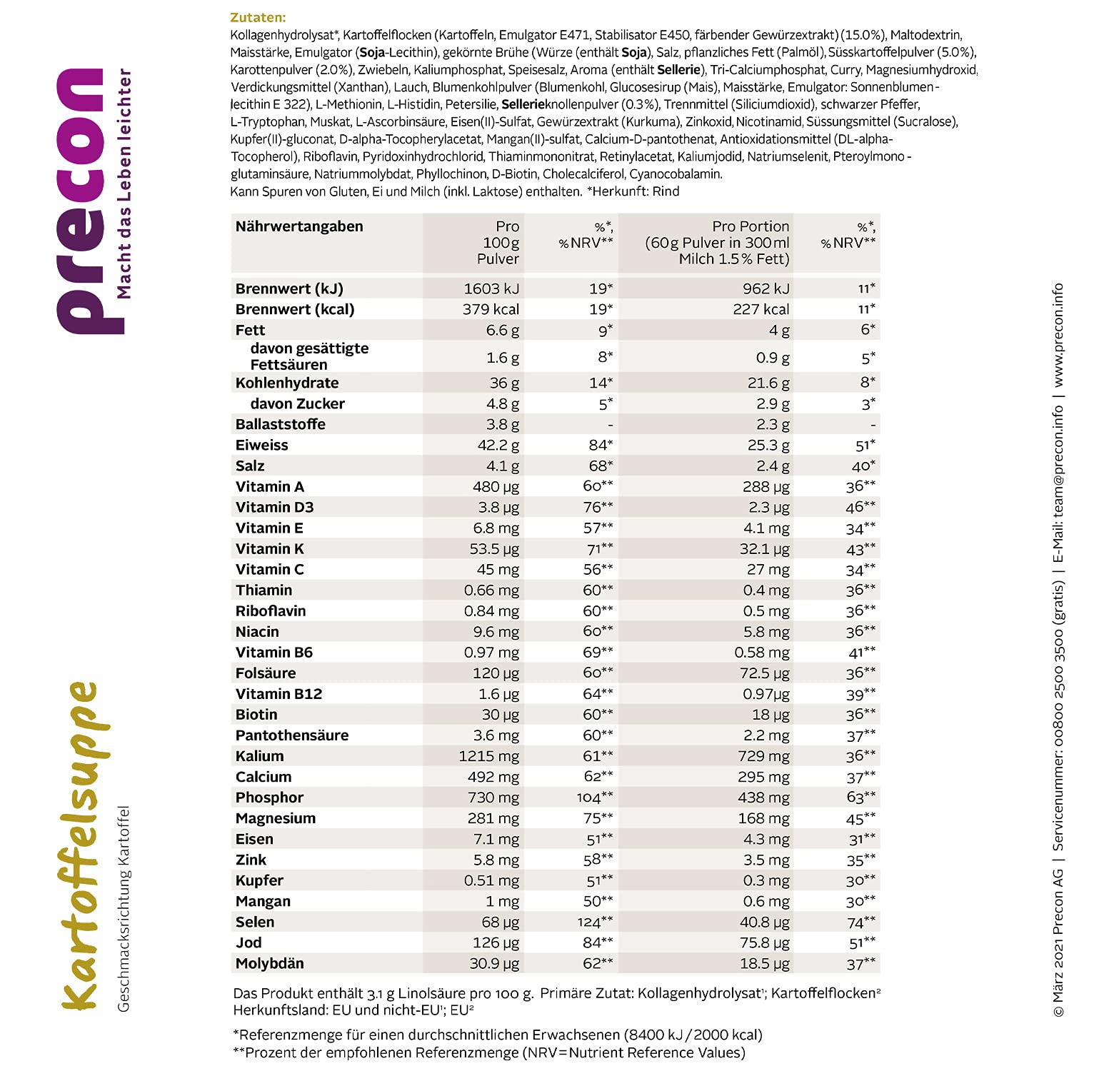 Precon BCM Diät Suppe zum Abnehmen – Kartoffelsuppe – 10 Portionen (600 g) – Mahlzeitenersatz für eine gewichtskontrollierende Ernährung