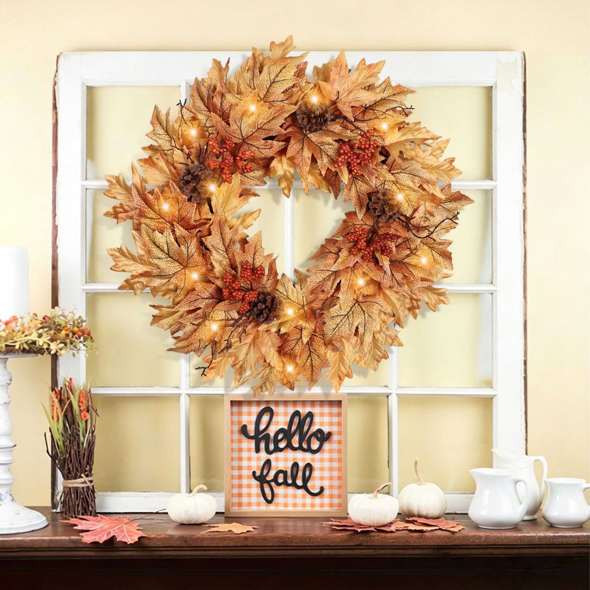 Couronne d'automne pré-éclairée de 61 cm pour porte d'entrée avec