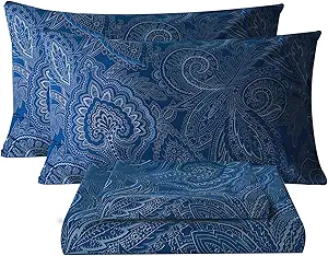 Bedlifes King Size Extra Deep Pocket Sheet Sets - Fits Mattresses Up to 18-24" Thick, 4-Piece Microfiber Set with 1800 Thread Count, Soft, Smooth, Breathable, Featuring Paisley Dark Navy Blue