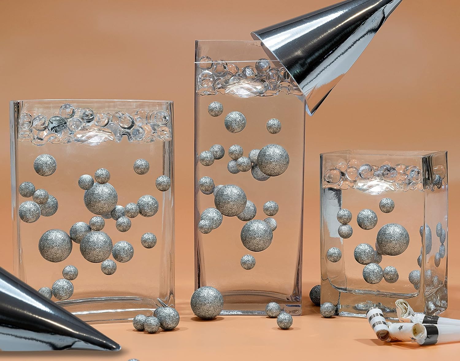 Floating Glitter Silver Pearls - Including Water Gels & Kit for The Floating Effect - with 3 White Submersible Fairy Lights - Centerpiece Decorations