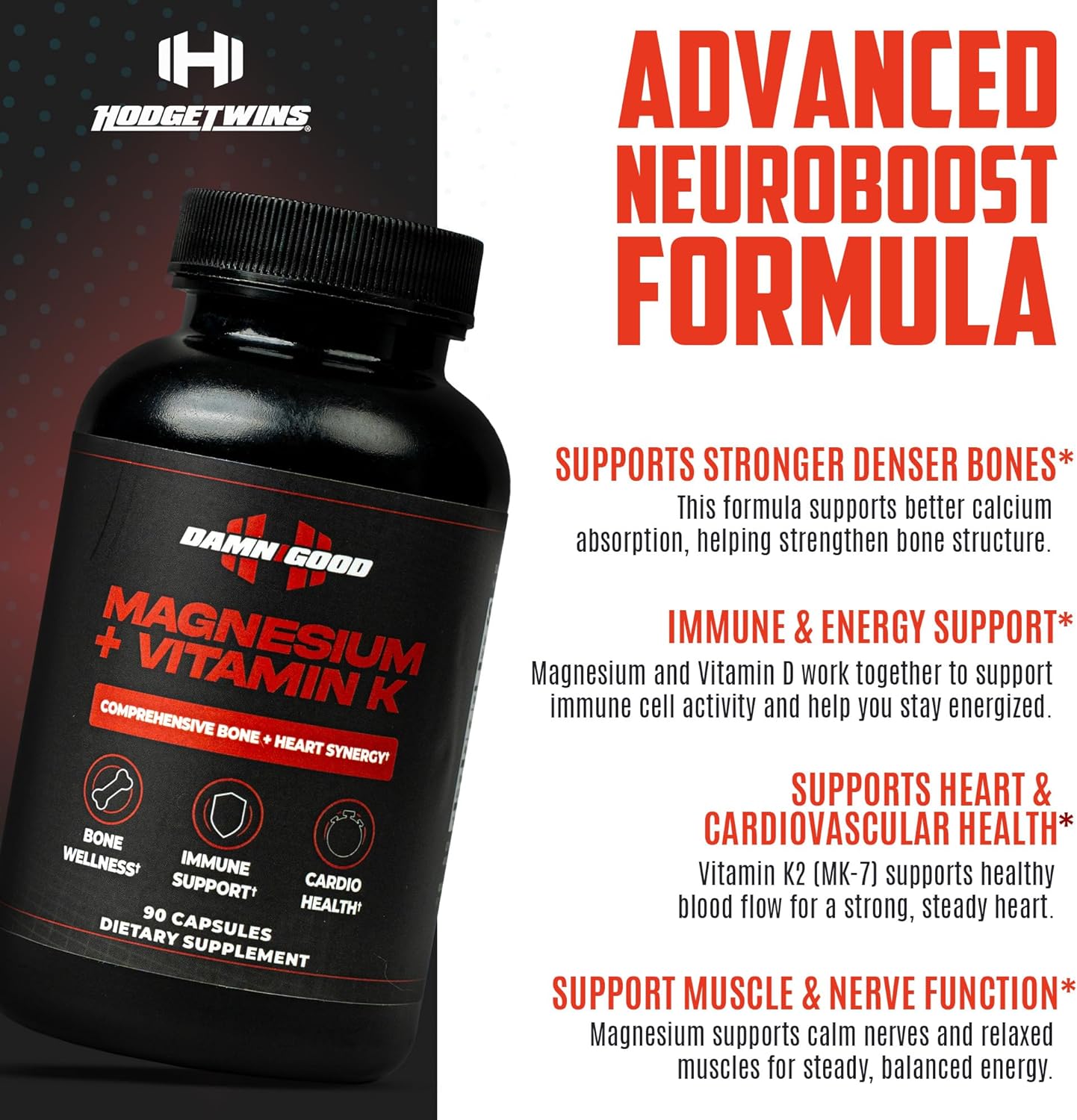 DAMN GOOD The Hodge Twins K2 Magnesium Supplement Advanced Formula for Focus, Clarity & Energy – Premium Neuro Capsules with Adaptogenic Herbs & Nutrients – Vegan & Non-GMO – 90 Count