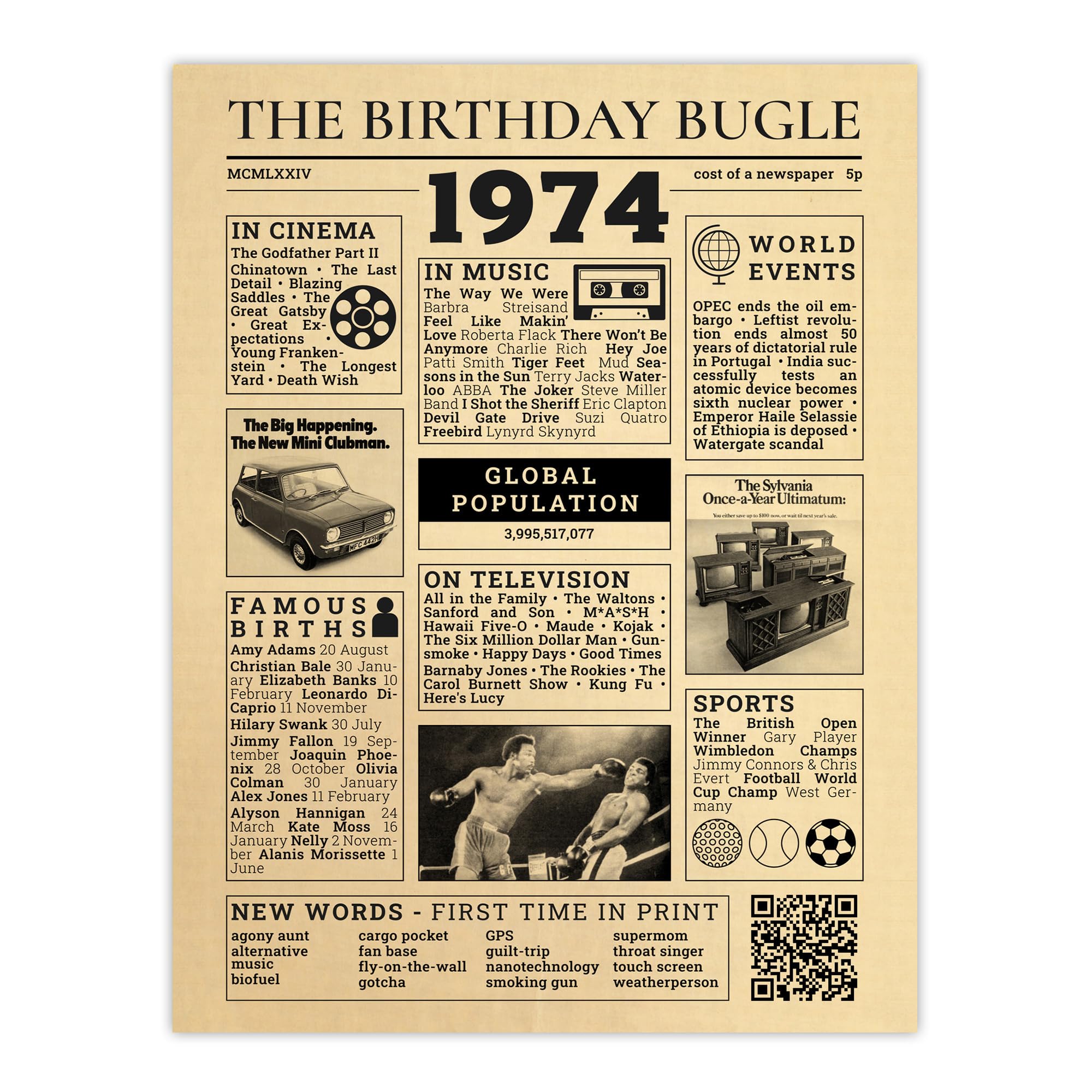 Artery8 Back in 1974 50th Birthday Decoration For Men Women 50 Year Anniversary Idea Vintage Newspaper Aesthetic For Him Her Born in 1974 Large Wall Art Poster Print 18X24 Inch
