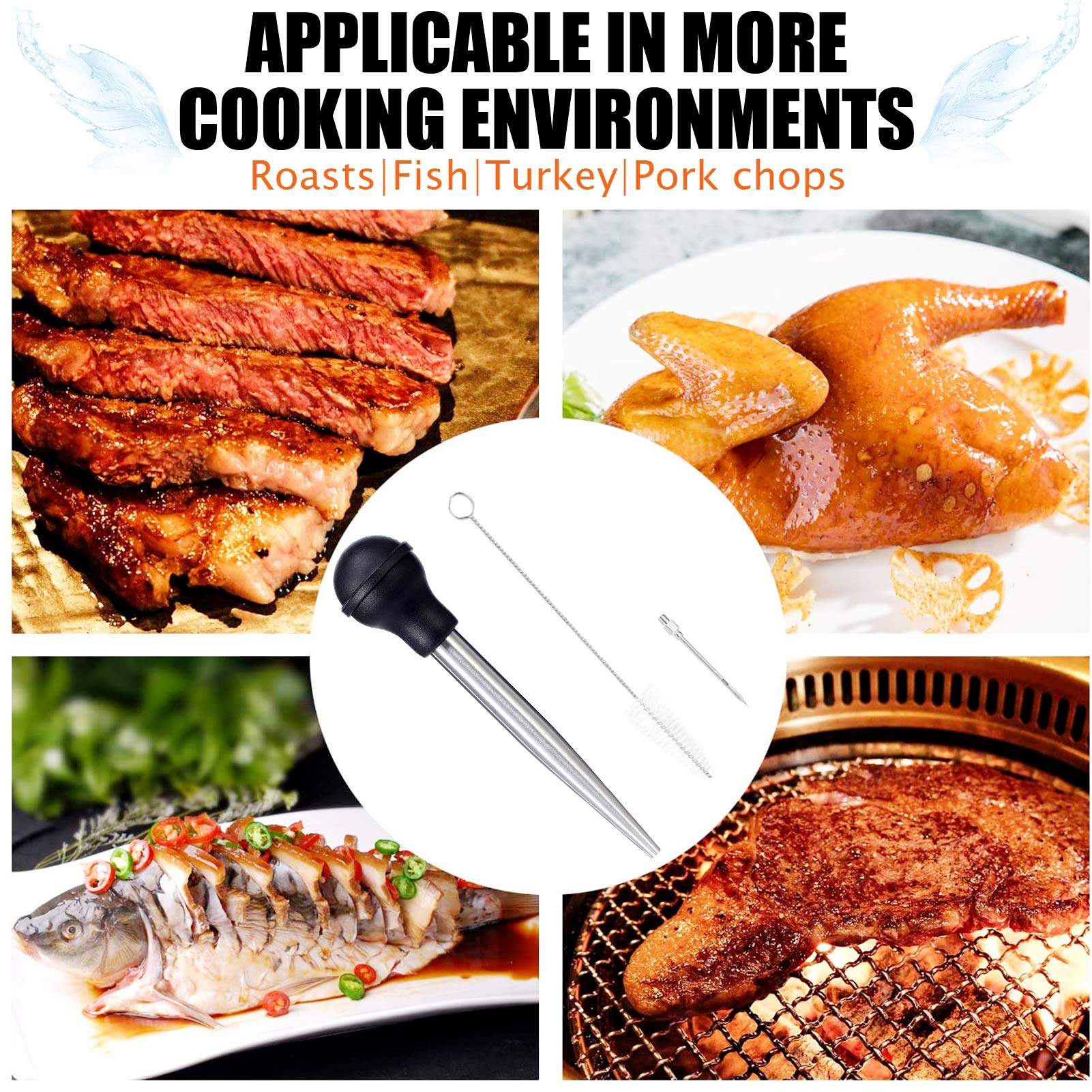 Siringa per Alimentare,Turkey Baster,Iniettore di Carne Siringhe,304 Acciaio Inox Pipetta per Salsa，Pompa per Condimenti, Inclusa Pennello in Silicone,Pulizia Pennello