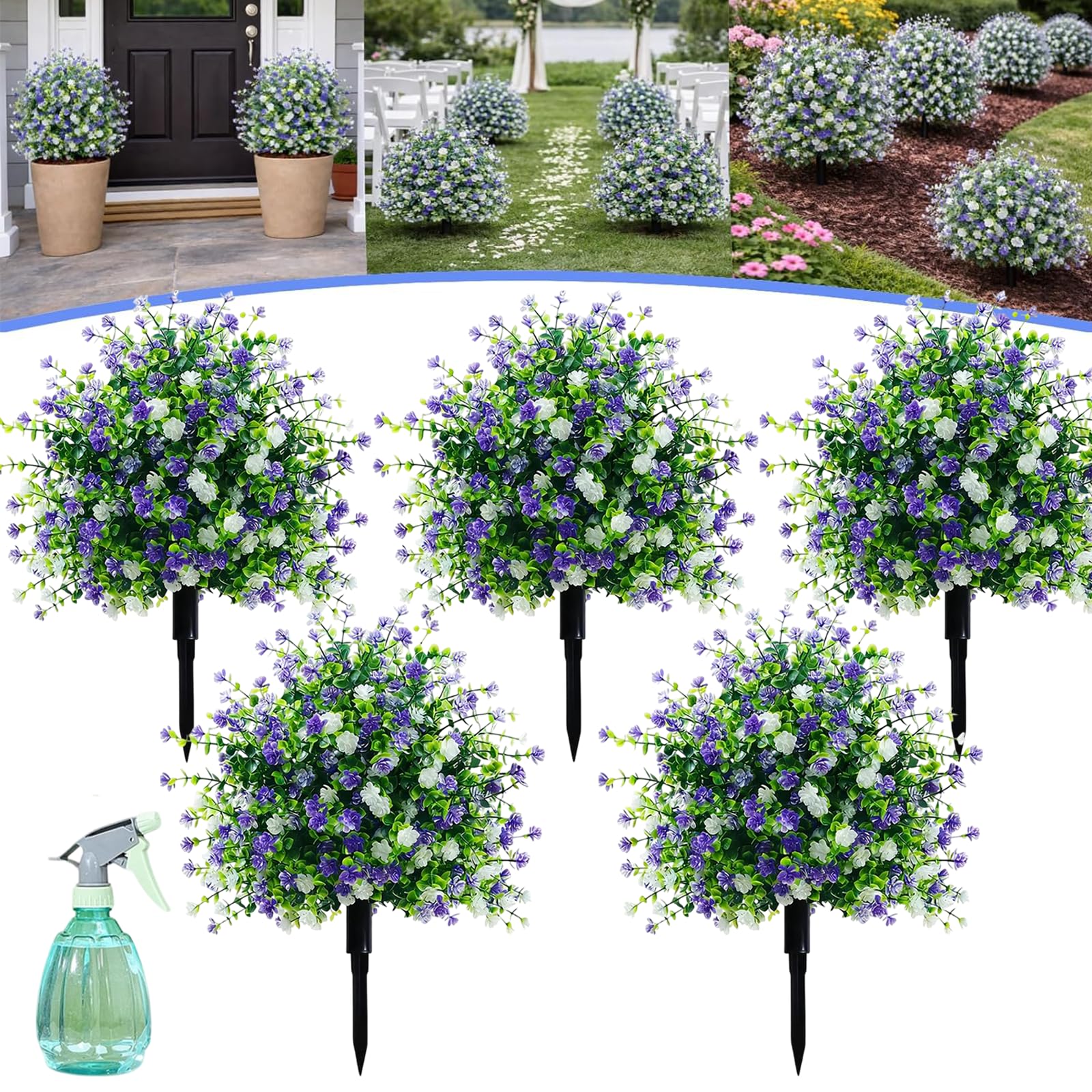 Artificial Potted Trees with Ground Stakes, UV Resistant Faux Plants for Outdoors, Realistic Artificial Outdoor Topiary Bushes in Pots, Fake Garden Shrubs for Front Porch Patio Decor (A,5 Pcs)