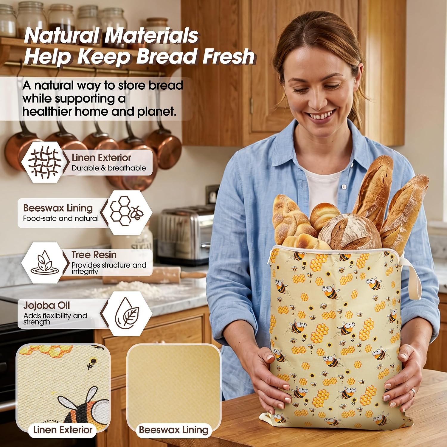 Beeswax Bread Bags for Homemade Bread, 2 Pack XL Reusable Organic Cotton Beeswax Bread Bag with Full-Open Zipper, Fully Opens Flat for Easy Cleaning, Bread Storage Bags for Sourdough