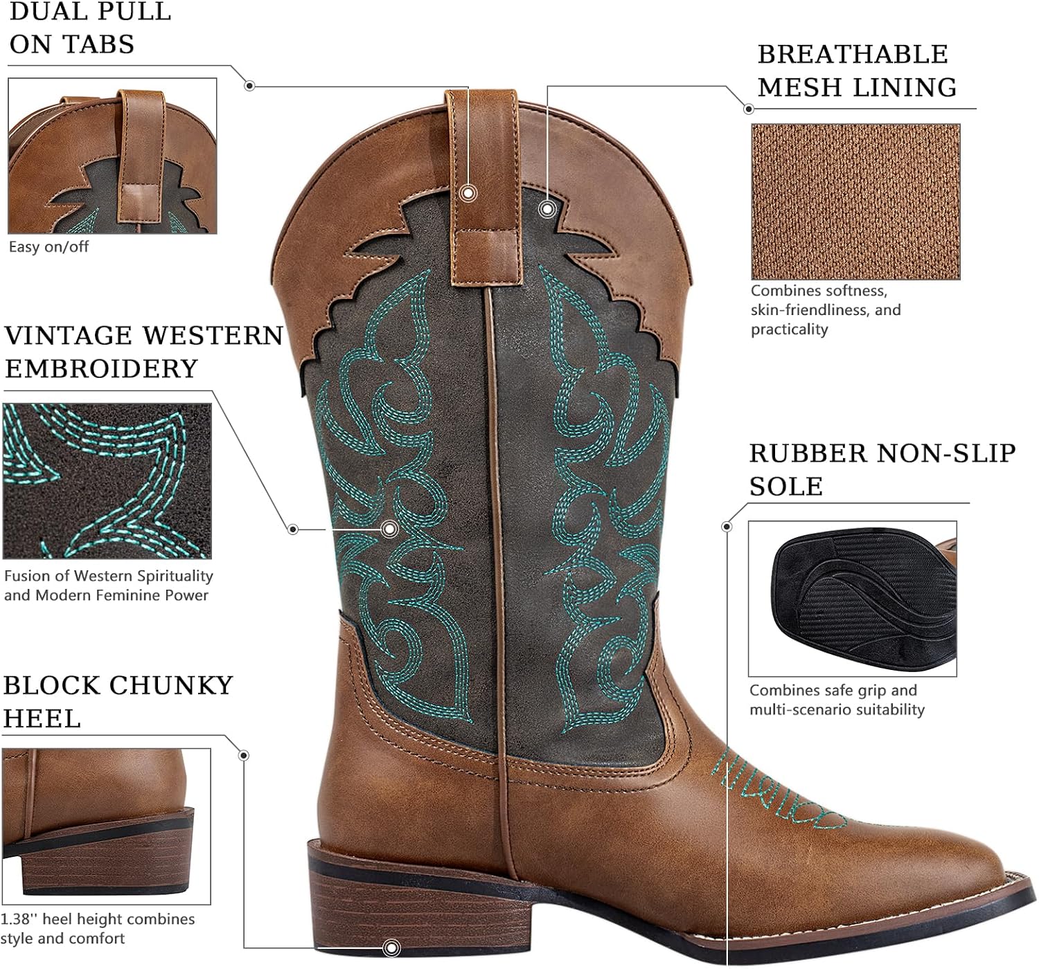 SheSole Women's Cowboy Boots Square Toe Mid Wide Calf Cowgirl Boots Chunky Heel Fashion Western Boots