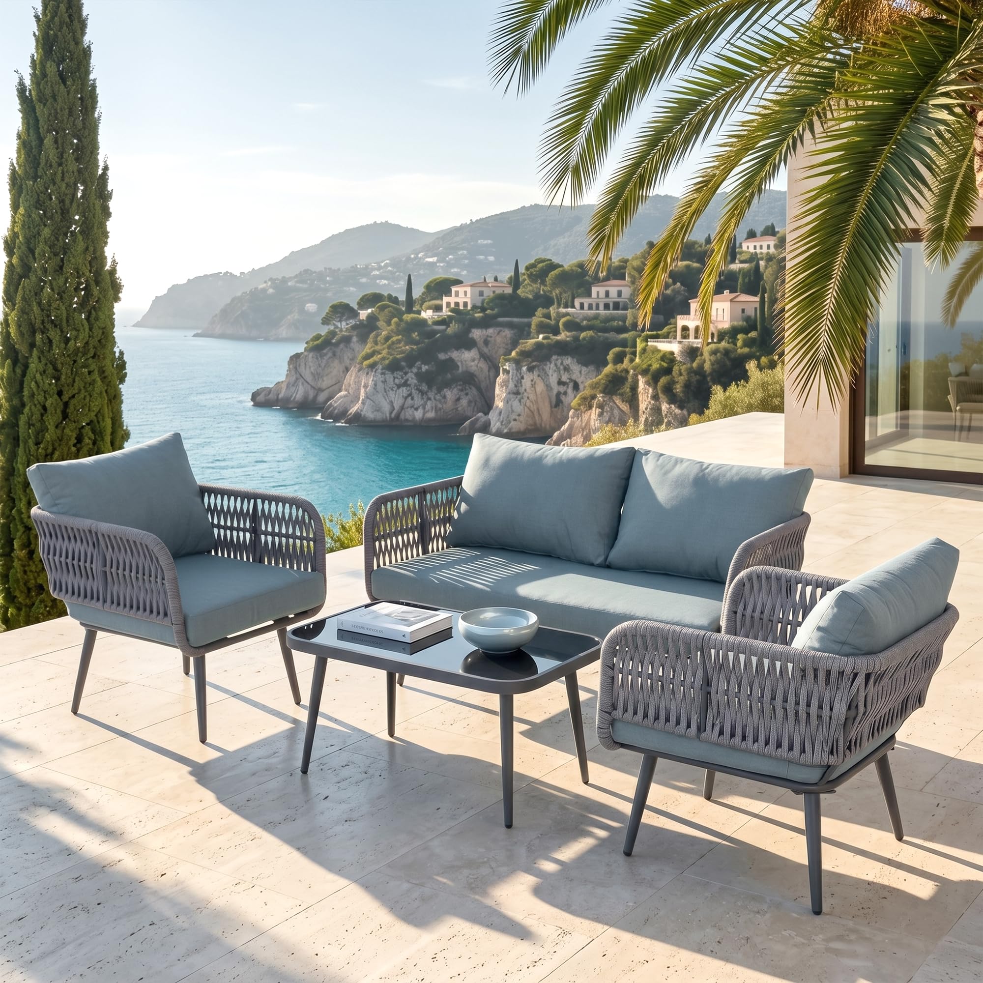BRISHI Outdoor Sofa Set || Balcony Sofa || Patio Furniture Sets | Conversation Sets | Braid & Rope Garden Seater Sofa Set and Center Table (Grey-Blue)-image-24