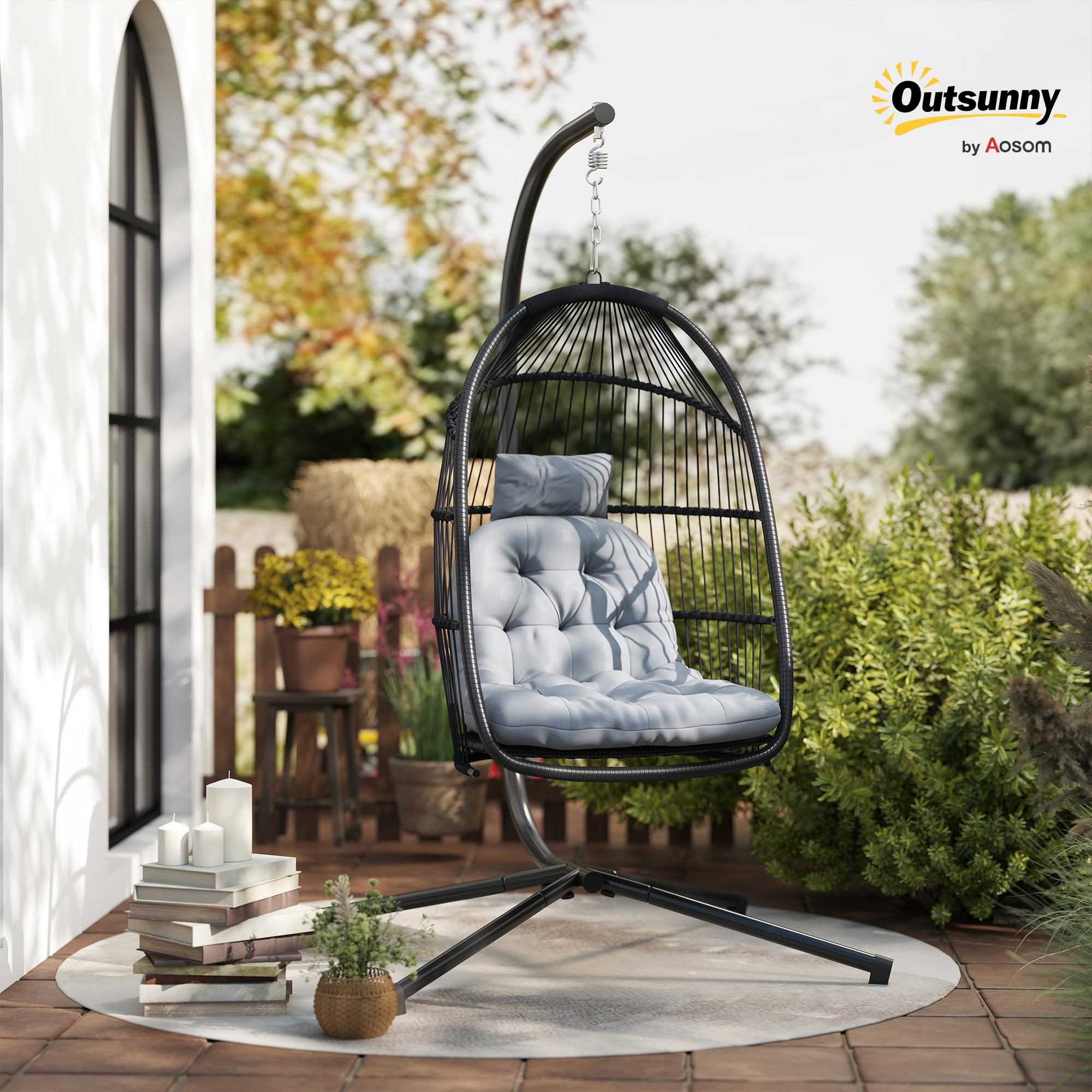 Outsunny Silla Colgante Huevo con Soporte Exterior 150 kg Gris Oscuro
