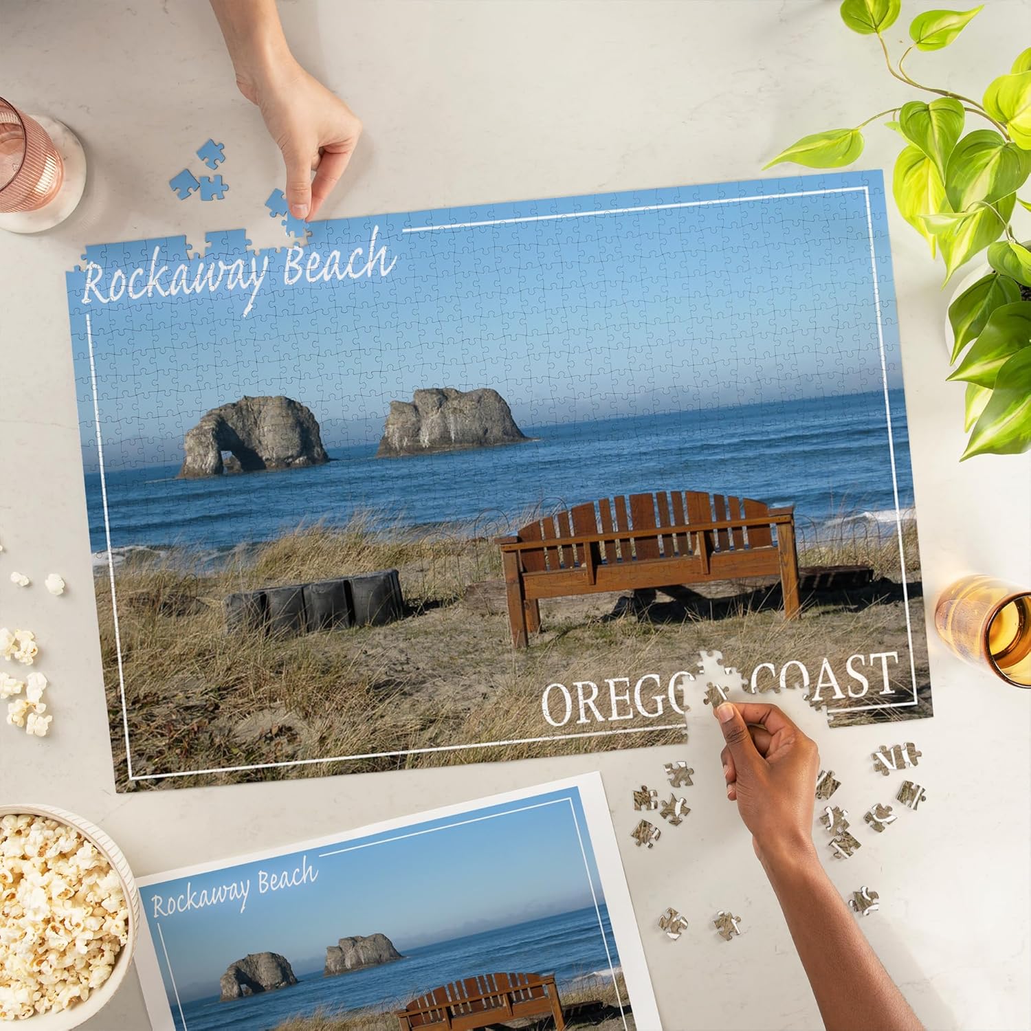 Lantern Press Rockaway Beach, Oregon, Rockaway Beach and Bench 1000 Piece Jigsaw Puzzle for Adults, Made in USA with Reference Poster