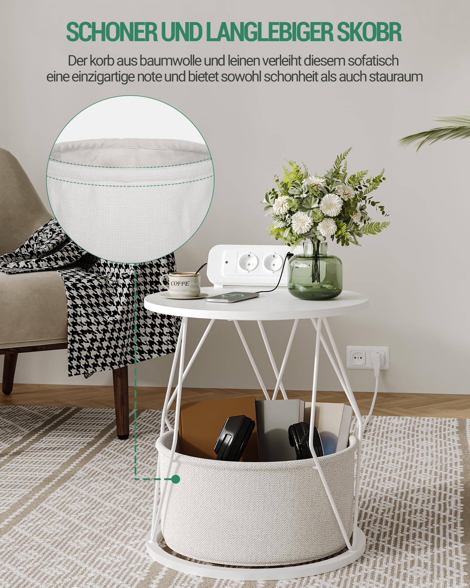 Hzuaneri Petite Table Basse Ronde, Petite Table D'appoint avec Station De Chargement Et Panier De Rangement, Table De Salon, Table Basse, Table De Chevet pour Salon, Blanc, ET45003X
