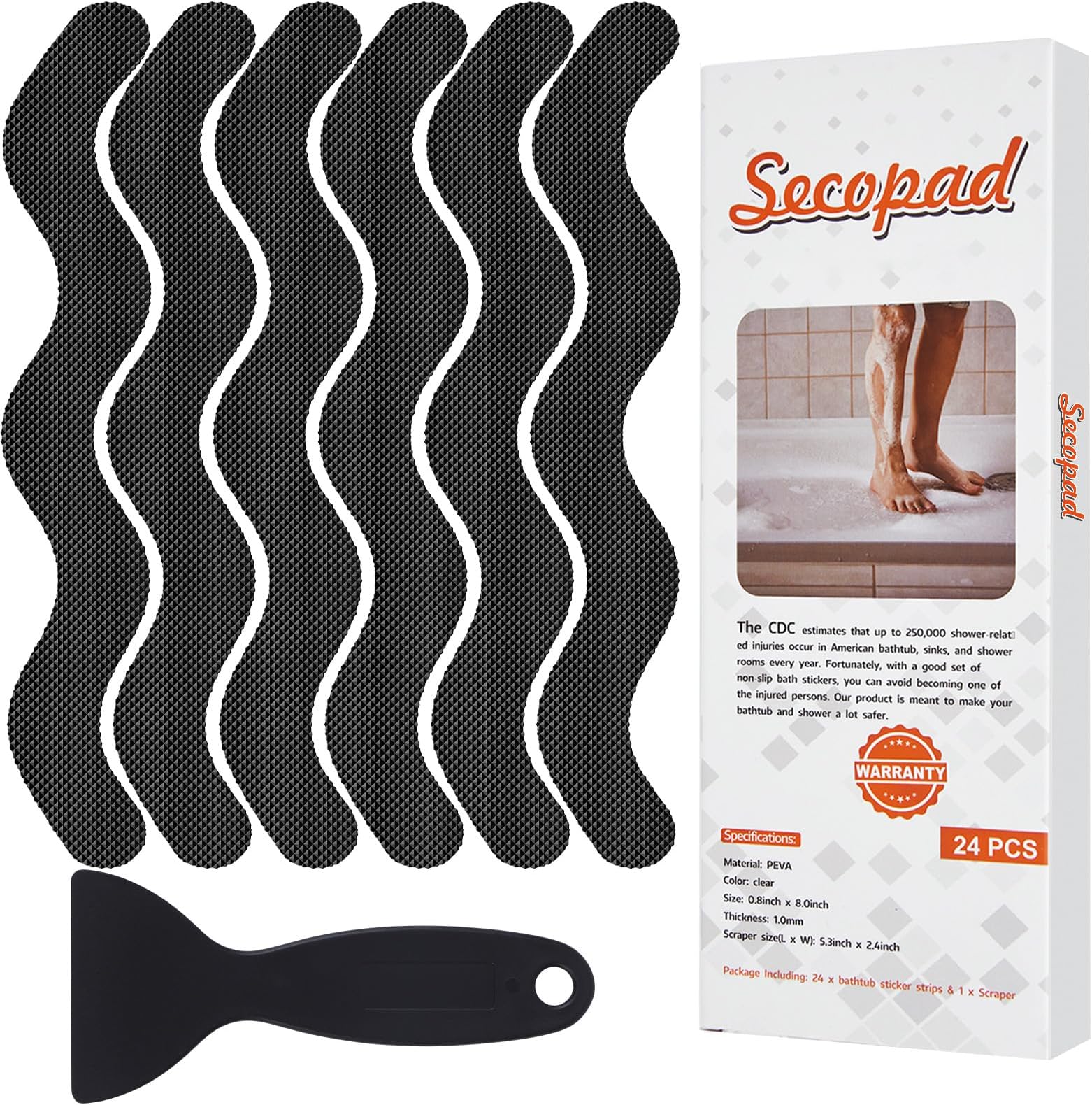Anti Slip Shower Stickers, Adhesive Decals Safety Strips with Scraper for Bath Tub, Shower Floor, Stairs, 24 Pieces (Black)