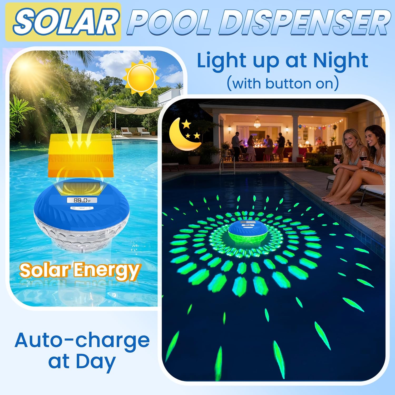 2026 Upgraded Pool Chlorine Floater with Thermometer, Digital Screen Pool Chlorine Floater,Solar Pool Chlorine Floaters with Light, Button Control Floating Chlorine Dispenser for Pool (White)