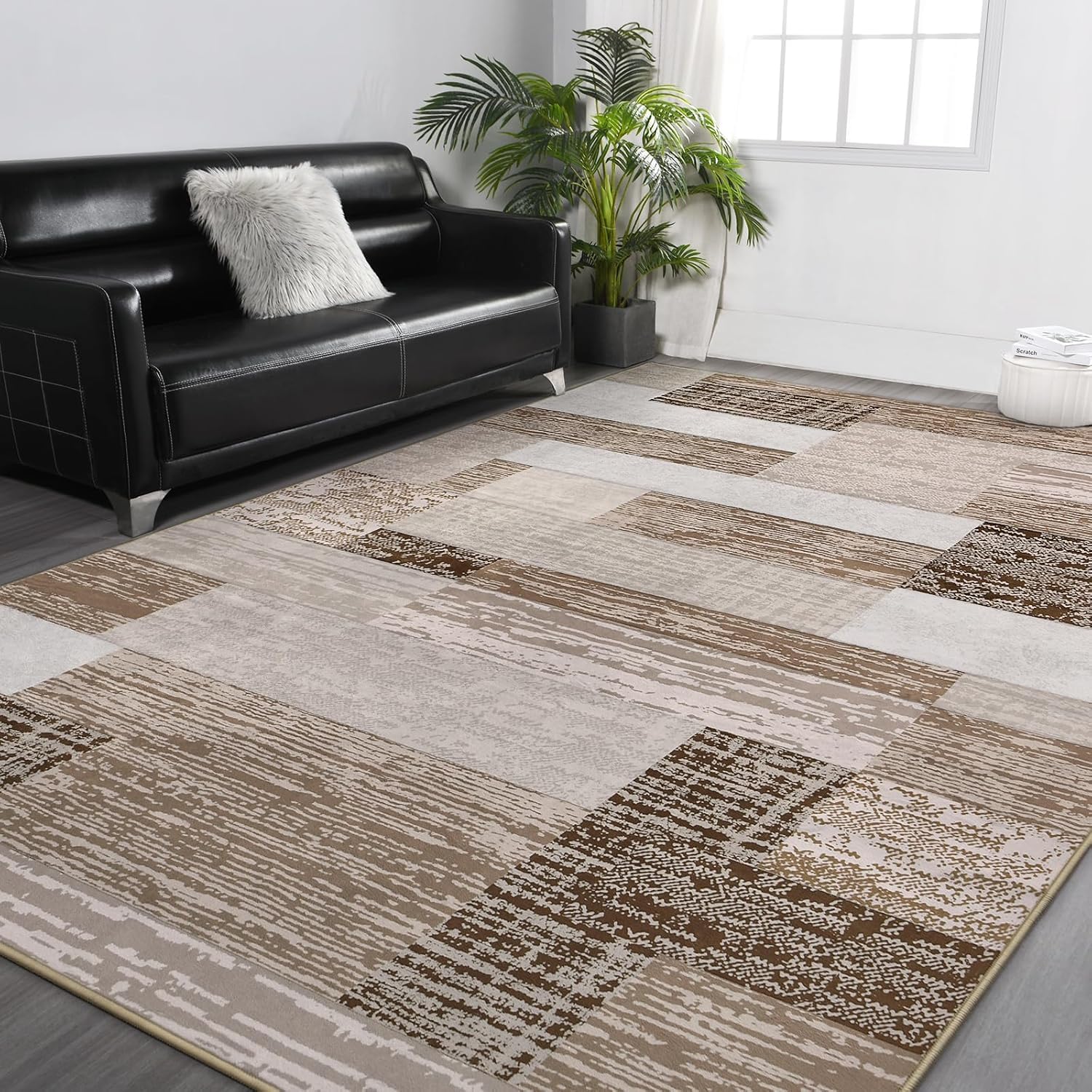 Tapis de cuisine et salon géométrique beige marron lavable 120 x 170 cm