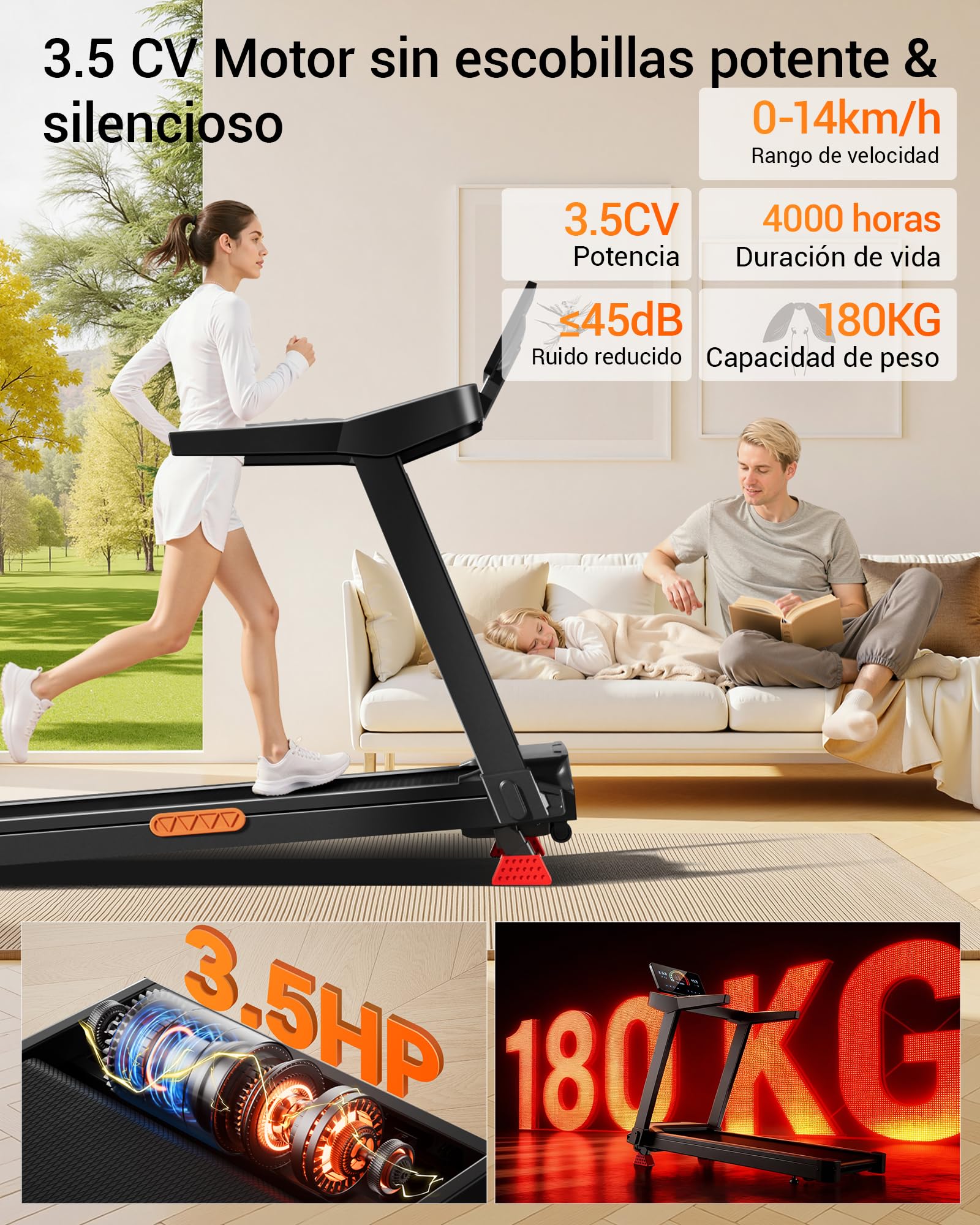 UMAY Cinta de Correr Plegable con Inclinación 16%, 14 KM/H | Cinta de Andar con Frecuencia Cardíaca, Caminadora Electrica para Casa con Pantalla LED,180kg