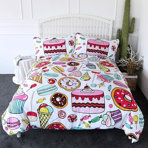 Sweet Treats - Juego de ropa de cama femenina de 3 piezas con diseño de cupcakes, helado, caramelo, juego de funda de edredón de postre arcoíris