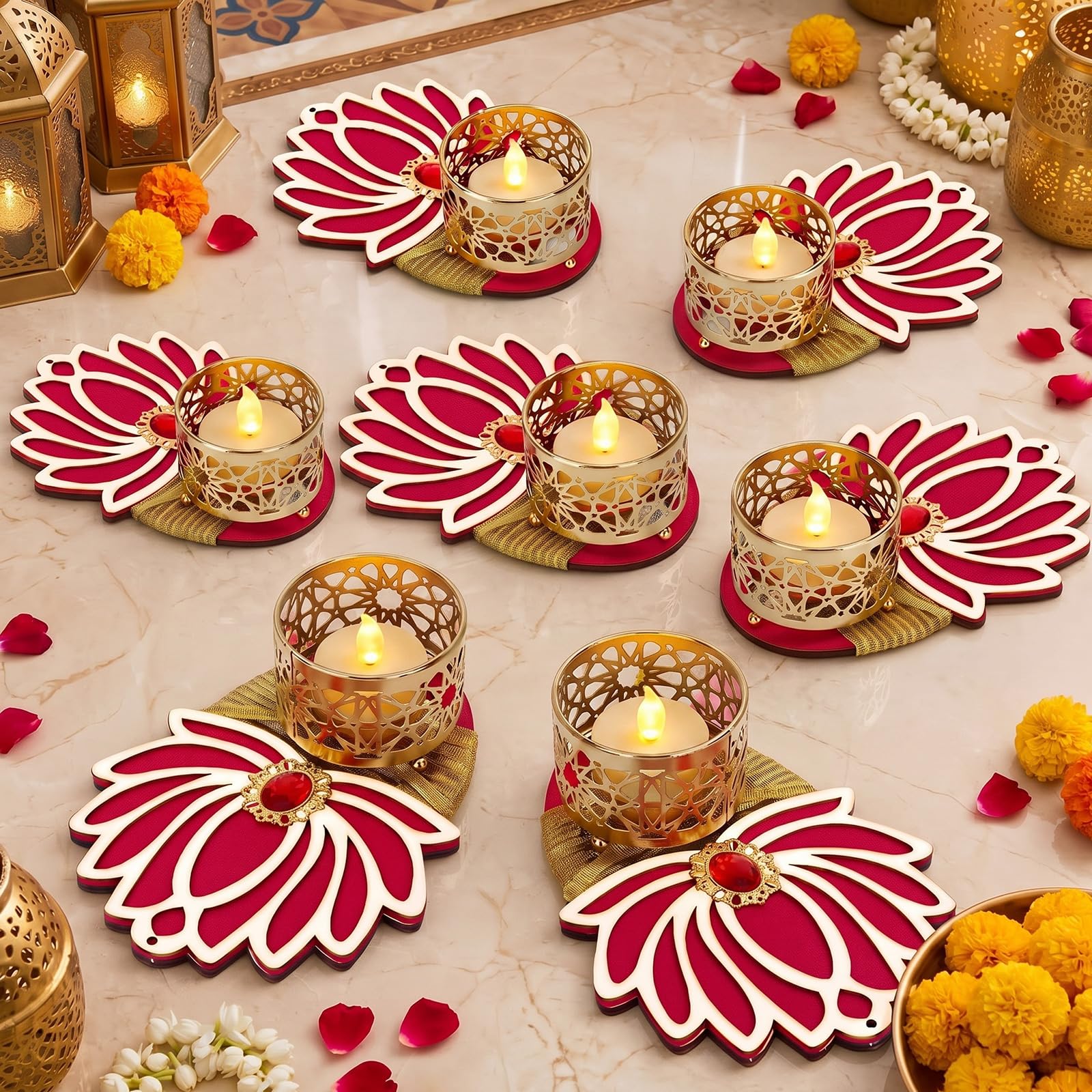 LemonRoad 7 Pcs Lotus Tealight Candle Holder, Tealight Diya for Decor
