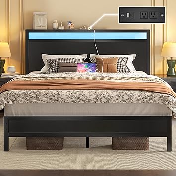 25% off: Queen Bed Frame with Headboard & Footboard, Bed Frame with Built-in Charging Station & LED …