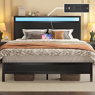Queen Bed Frame with Headboard & Footboard, Bed Frame with Built-in Charging Station & LED Light, Storage Shelf, Noise-Free, No Box Spring Needed, Easy Assembly, Classic Black