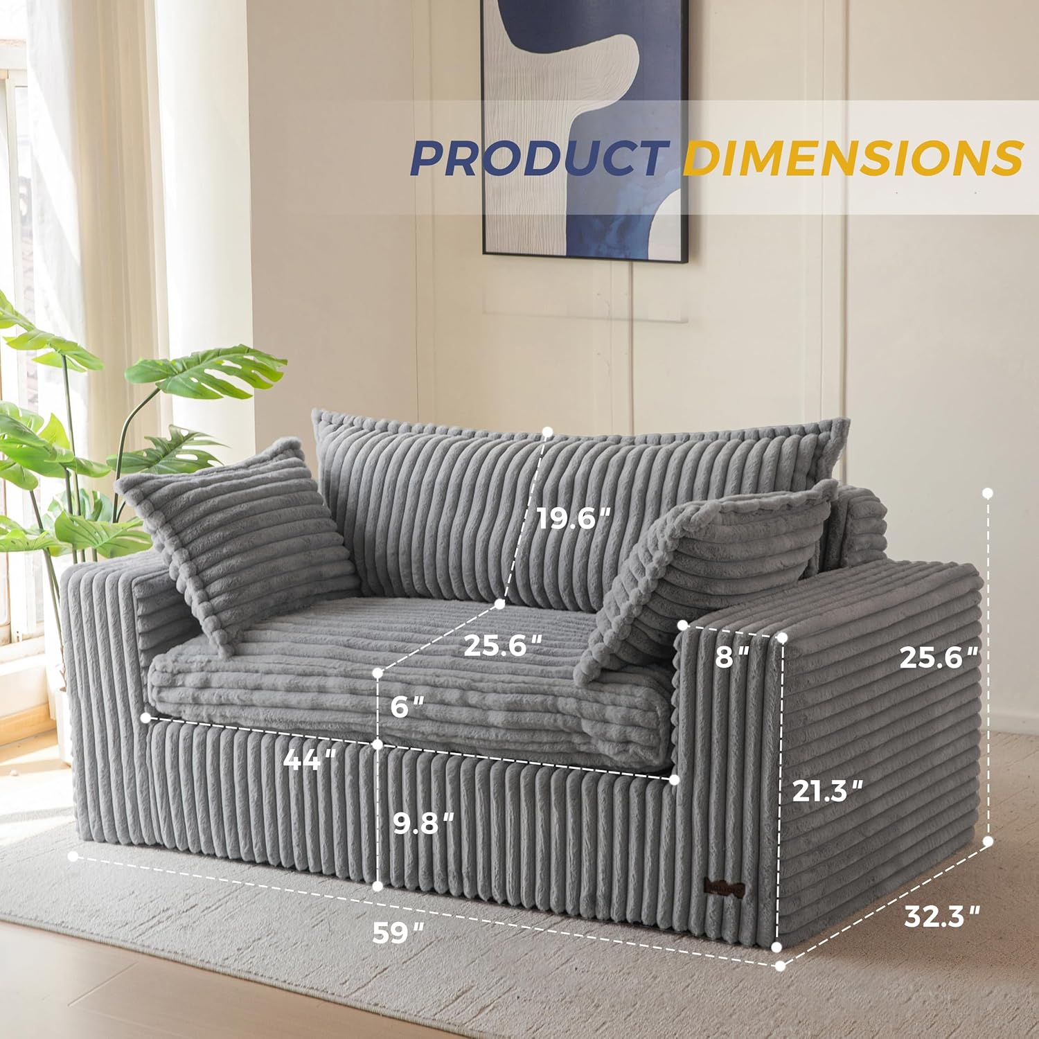 maxyoyo 59" bean bag sofa couch, loveseat boneless couch in a box, upholstered small mini sofa with deep seating for living room bedroom office apartment, no assembly, dark grey loveseat dark grey