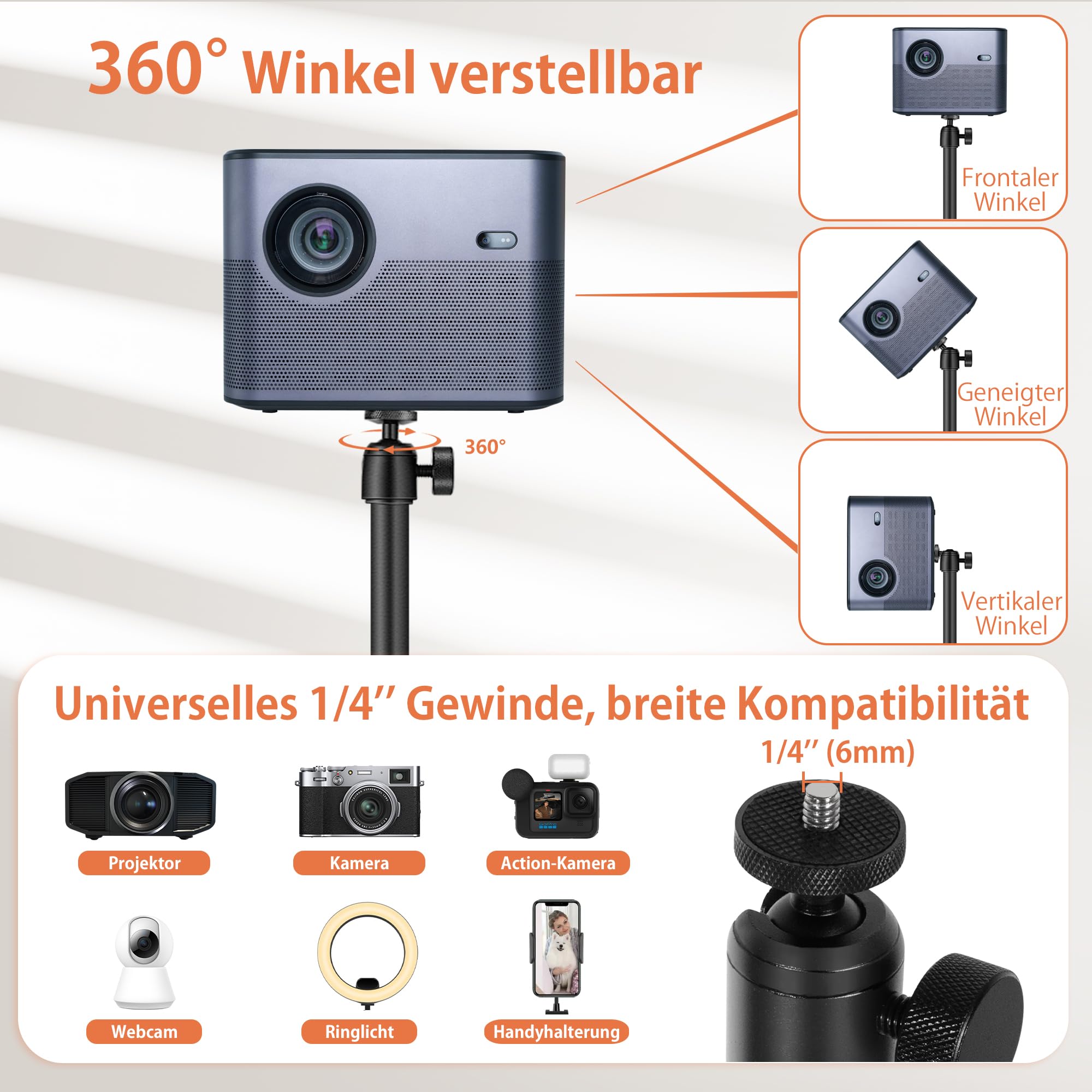 Beamer ständer Projektor Halterung, Beamer Halterung Höhenverstellbar von 90-126cm mit 360°Winkelrotation, Platzsparend, Tragkraft bis zu 5kg, Kompatibel mit Beamern, Kameras, Handyhalterungen