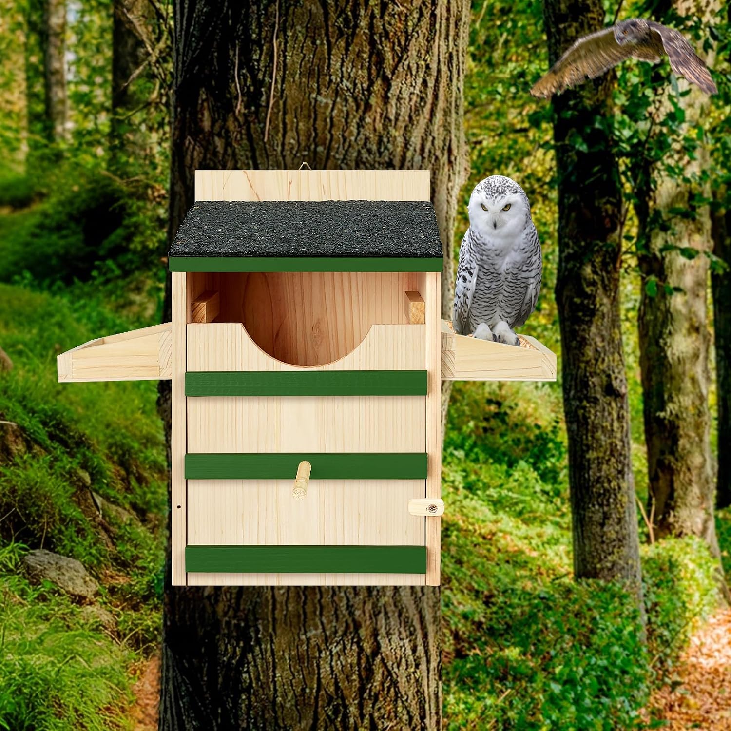 Owl House, Screech Wooden Owl Nesting Box, Weatherproof Design with Bird Stand, Large Opening, Mounting Screws, and Wood Shavings for Outside Backyard image 5