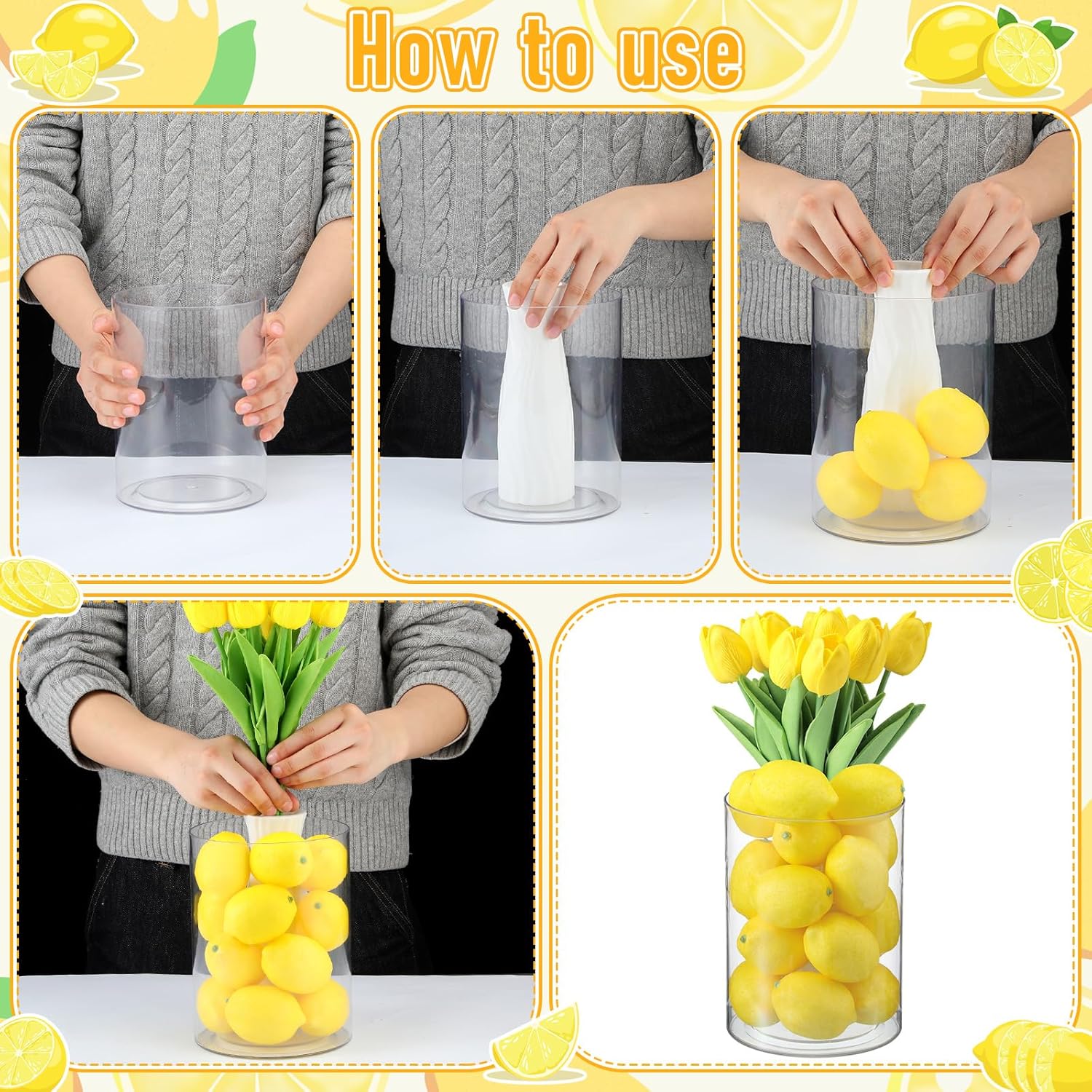 Suncalla 25 Pcs Lemon Vase Filler Decorations Kit, Artificial Lemon Yellow Tulip Table Centerpiece, Long Stem Floral Decor for Farmhouse Home Kitchen Wedding Spring Summer Decoration