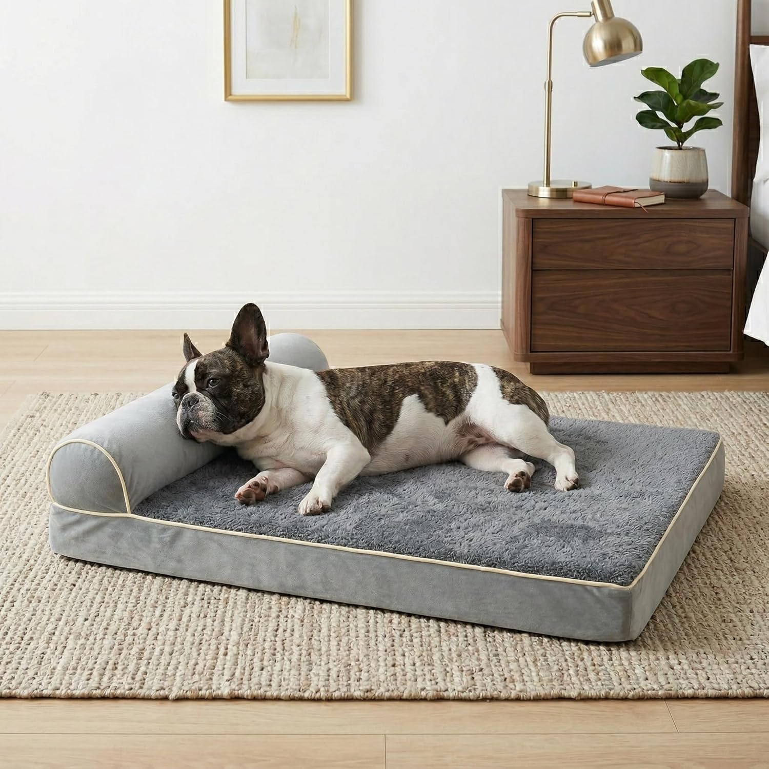 Orthopedic Medium Dog Bed 30 x 20Inch, Egg-Crate Memory Foam Pet Bed with Pillow, Comfortable Dog Couch with Removable Washable Arctic Velvet Cover, Waterproof Non-Slip Bottom Gray