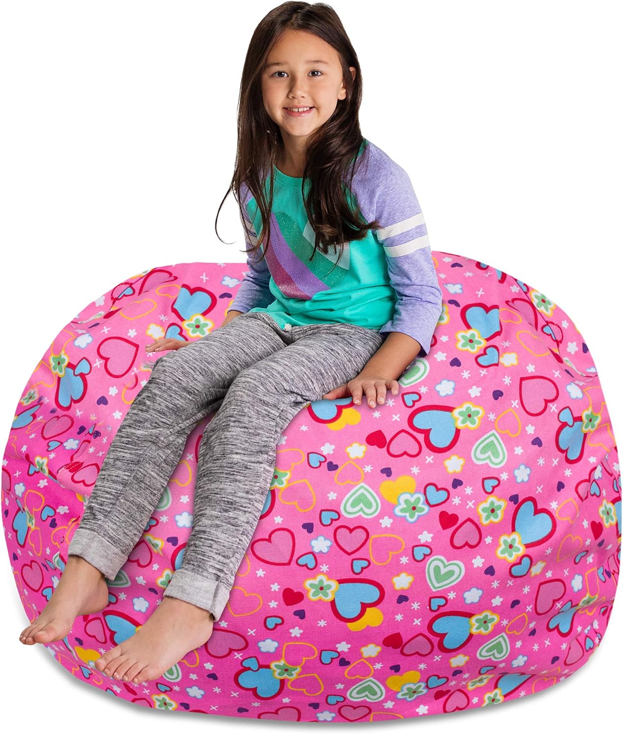 Posh Stuffable Kids Stuffed Animal Storage Bean Bag Chair Cover - Childrens Toy Organizer, X-Large-48 - Canvas Multi-Colored Hearts on Pink