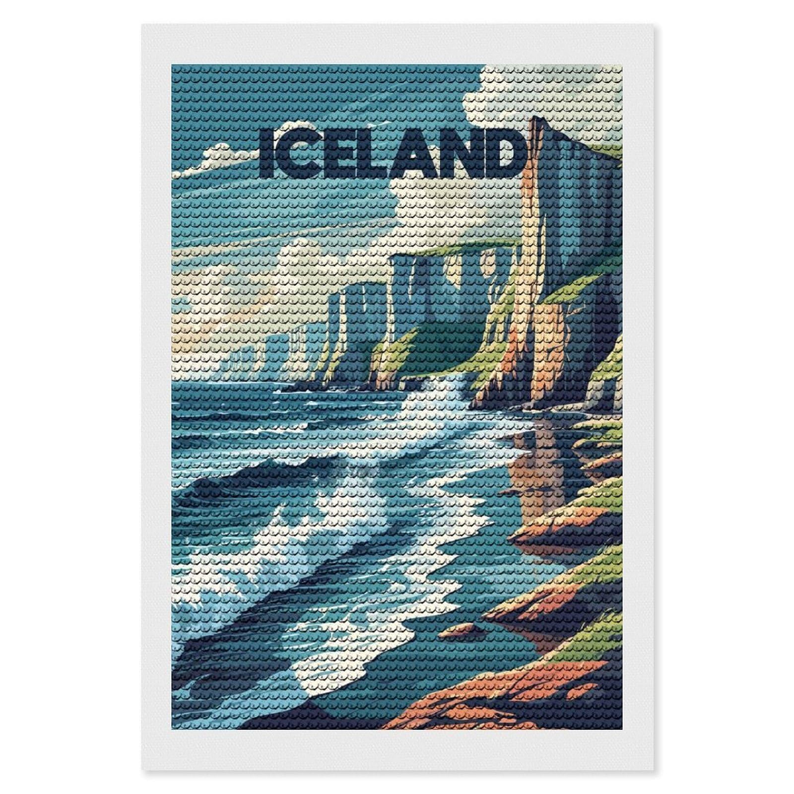Junmoney Iceland Coastal Landscape Illustration Diamond Painting Canvas Kit 8"x12", Leisure Activity, Aesthetic Room Decor, with Tool Kit, DIY, Gift