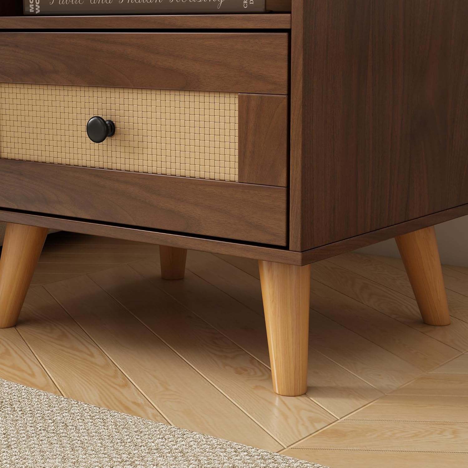 Everyday Side Table, Rattan Grain Finish Top and Open Storage Compartment Sideboard, Bedroom Living Room Sofa Multi-Scenario Applicable, Three Colors Available (Walnut)