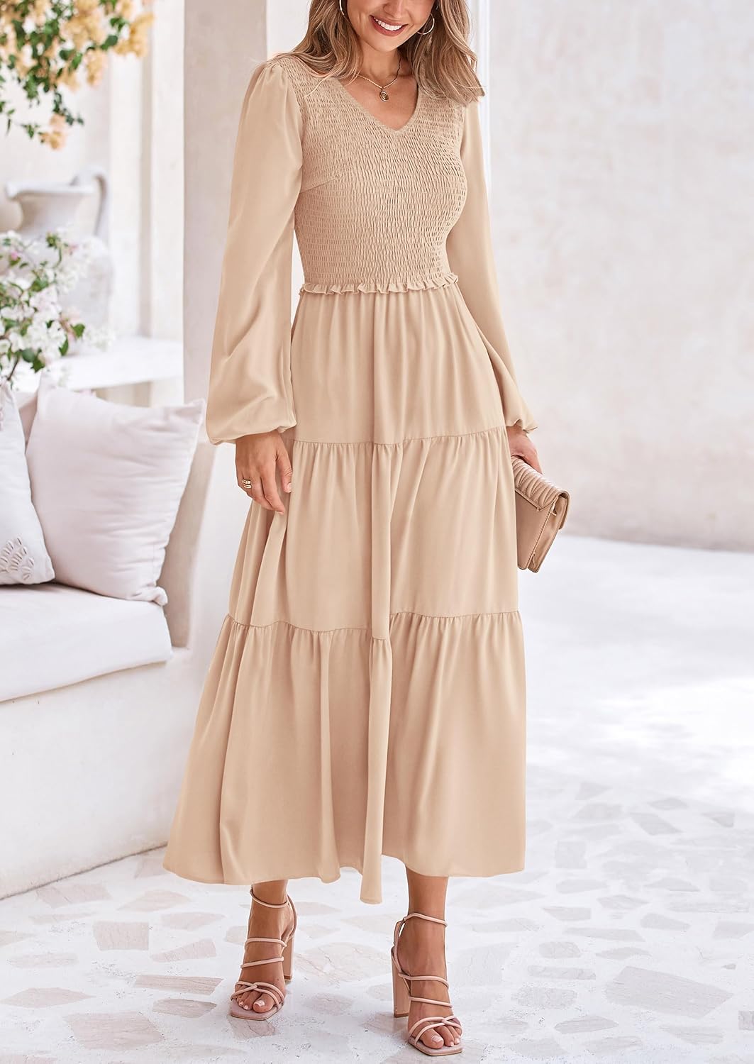 PRETTYGARDEN Fall Dresses for Women 2025 Casual Long Sleeve V Neck Smocked A Line Long Flowy Wedding Guest Dress - Image 8