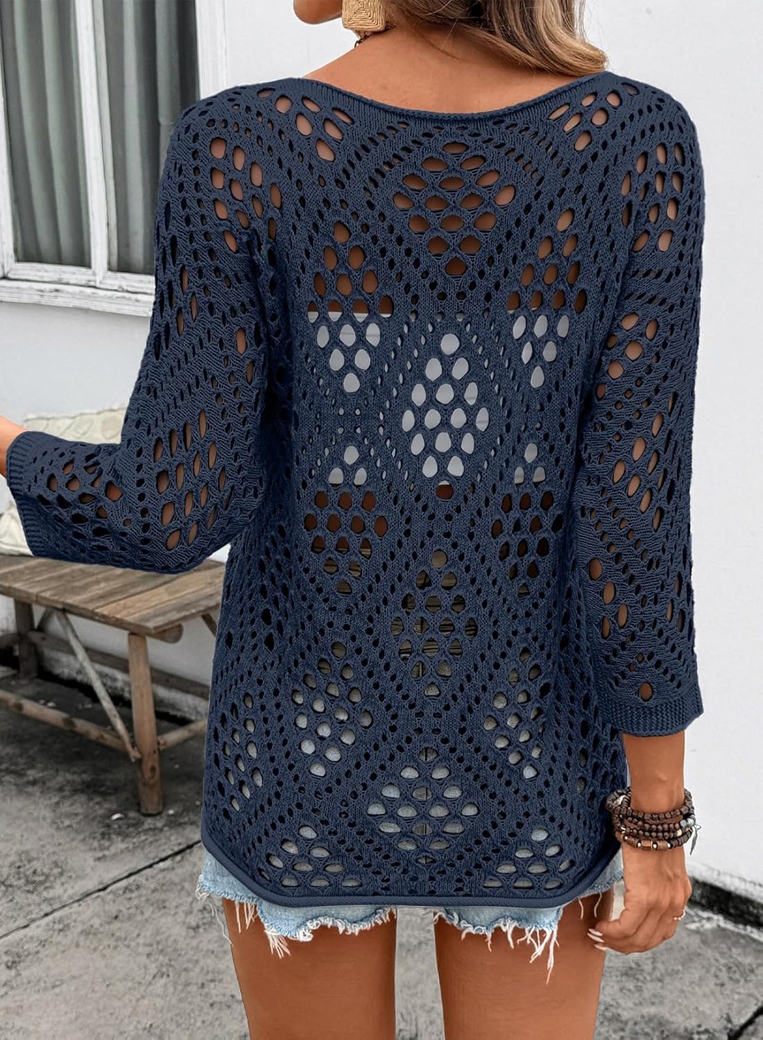 SHEWIN Womens Summer Tops Hollow Out Beach Crochet Cover Ups V Neck 3/4 Sleeve Pullover Sweater Shirts - Image 6