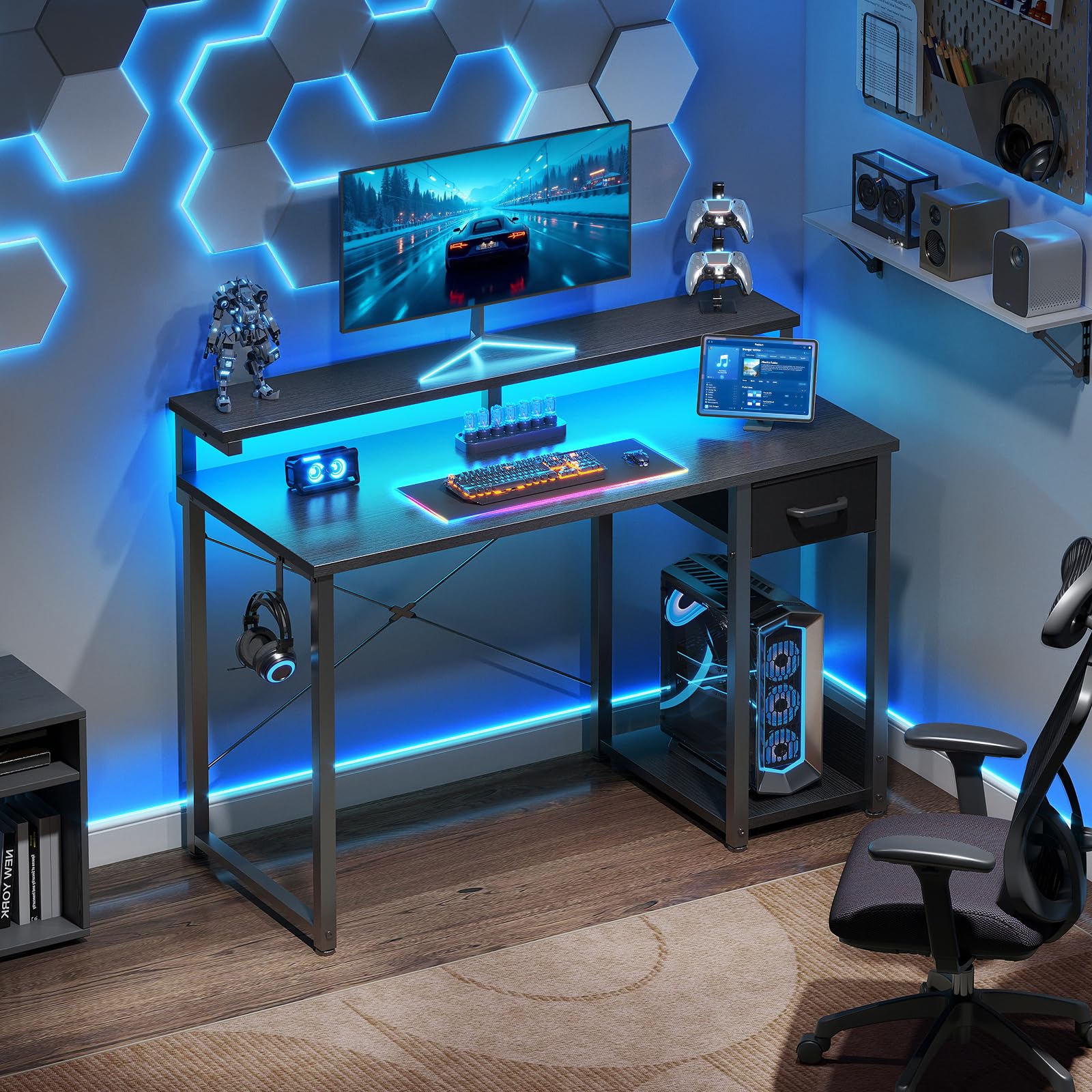 Coleshome Scrivania Gaming con LED, 100x48cm Scrivania con Cassetti, Reversibile Scrivania Piccola con Supporto Monitor e Gancio per Cuffie, Una Perfetta per Gli Spazi Ridotti, Nero