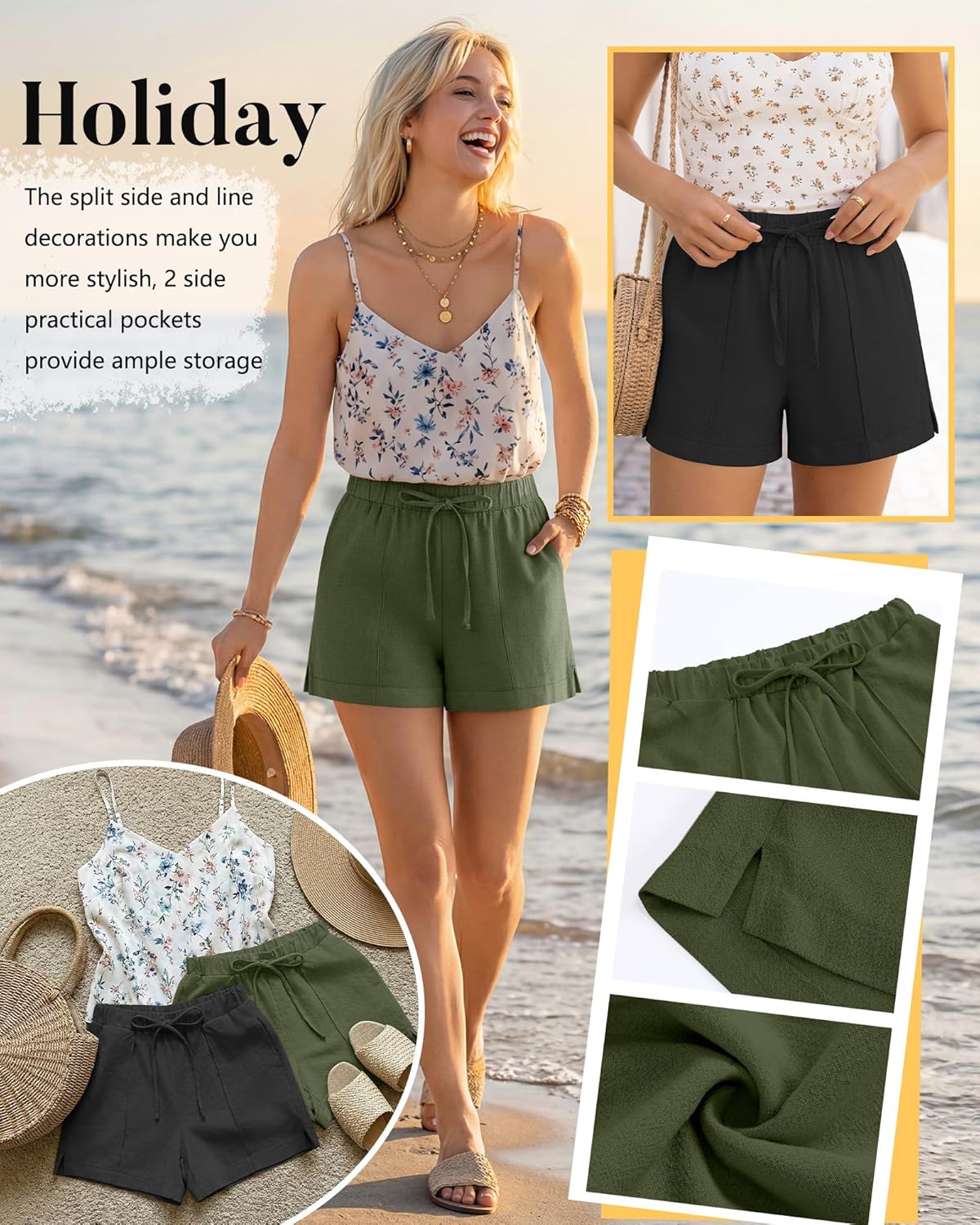 Riyiper 2 Pack Casual Linen Shorts for Women, Drawstring Elastic Waist Split Side Summer Line Comfy Lounge Short with Pocket - Image 5