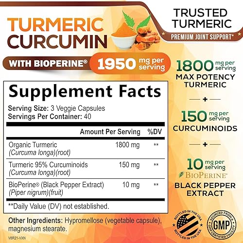 Miniatura 2 de Suplemento de curcumina de cúrcuma 95% curcuminoides – 1800 mg de cúrcuma orgánica por porción – Extracto de pimienta negra BioPerine para una mejor
