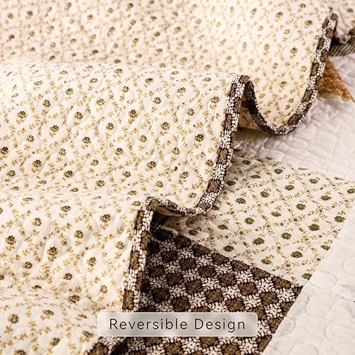 Miniatura 4 de YAYIDAY Juego de colcha de retazos tamaño Queen  100% algodón reversible, transpirable, marrón, geométrico, acolchado con fundas de almohada para