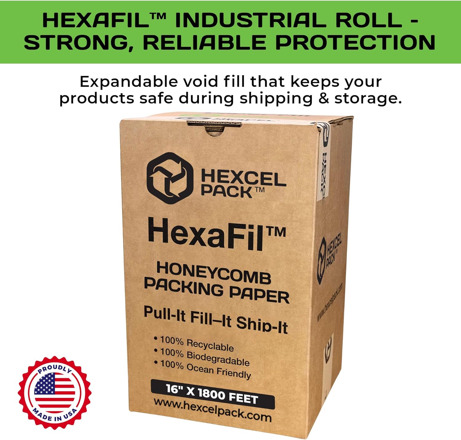 HexcelPack HexaFil Honeycomb Packing Paper - Eco-Friendly, Sustainable Filler for Shipping and Moving, Cushioned Packing Material in Easy Self-Dispenser Box - Natural, 16' x 1800'