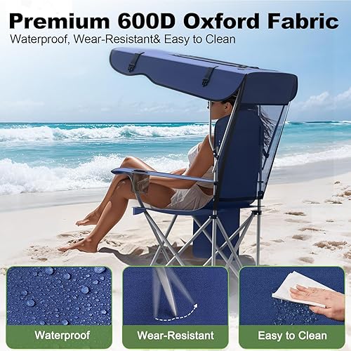 Miniatura 5 de Silla de camping portátil con dosel, silla plegable con toldo, silla Oxford 600D duradera para camping, playa, picnic, pesca y deportes