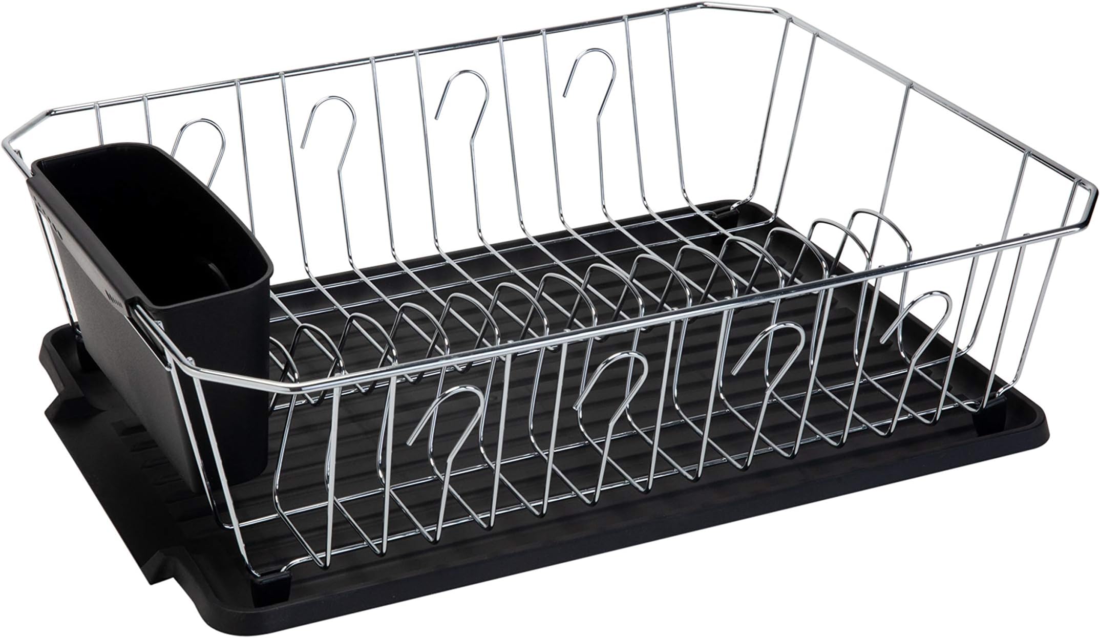 Kitchen Details 3 Piece Dish Rack | Drying Rack, Cutlery Basket & Drainboard Tray | Countertop | Self Draining | Open Wire Design | Chrome | Black