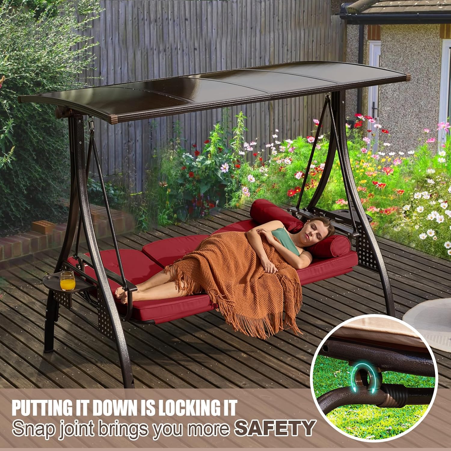 3-Seat Outdoor Patio Porch Swing with Adjustable Hardtop,3 in 1 Convertible Swing Chair for Adults,Patio Swing with Thicken Cushion,Pillows & Cup Holders for Porch,Backyard,Garden (Wine Red)
