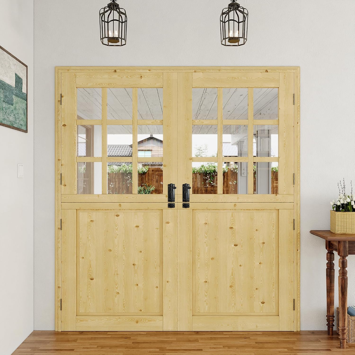 Double Dutch Door, 72x80 Half Door for Doorways - 1.75" Thick Solid Pine Wood Interior/Exterior Door with Clear Glass Panel,Slab for Pantry, Laundry, Home(8 Hinged + 2 Latch + 2 Slab)